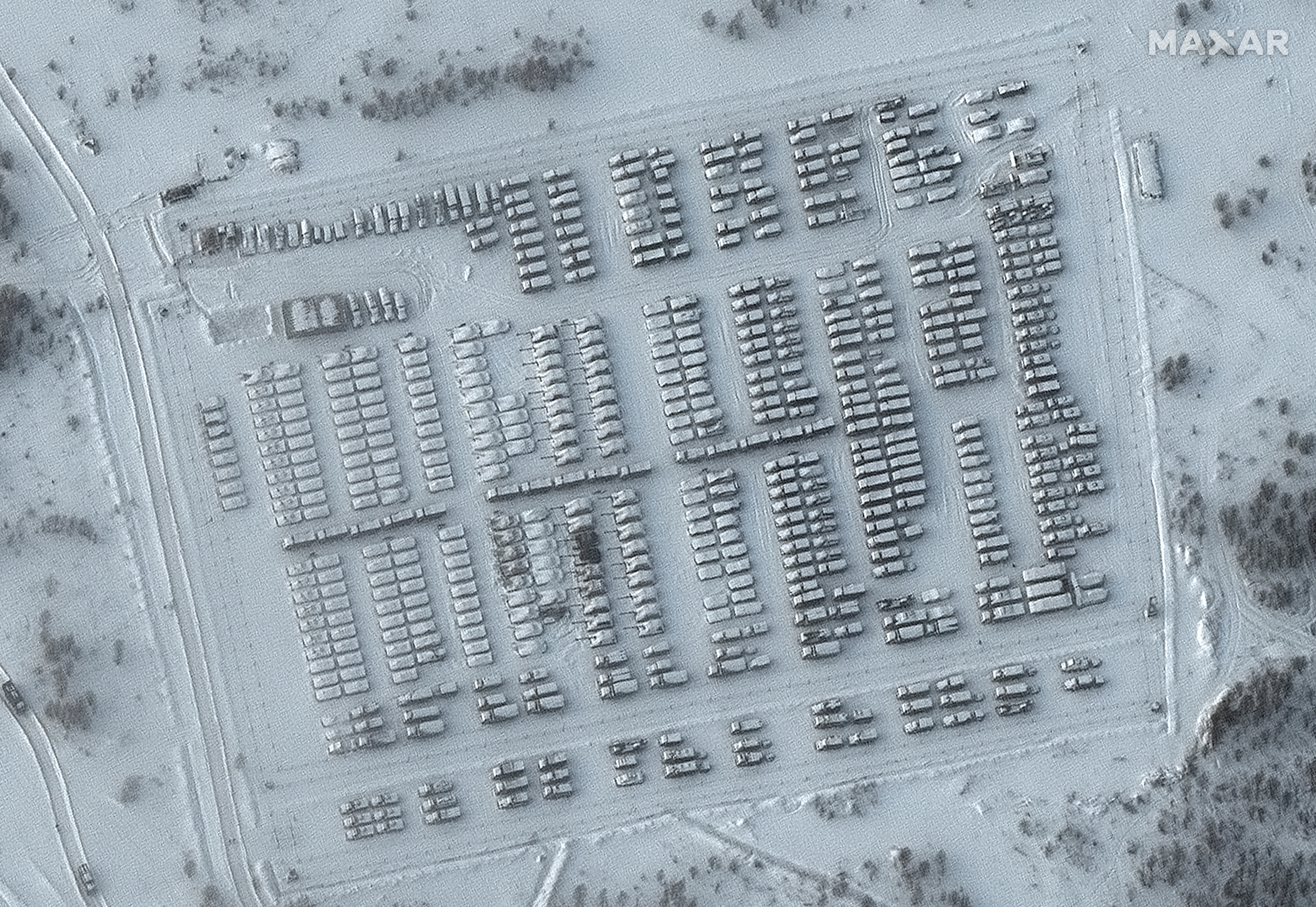A satellite image shows Russian battle groups and vehicles parked in Yelnya, Russia on January 19.