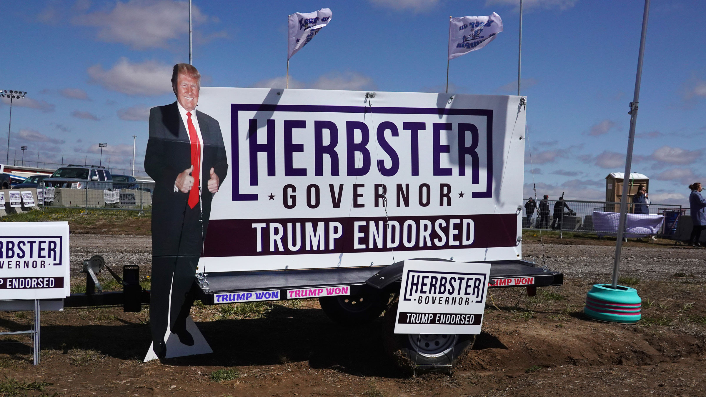 Campaign posters with former President Donald Trump are seen in Greenwood, Nebraska, on May 1. 