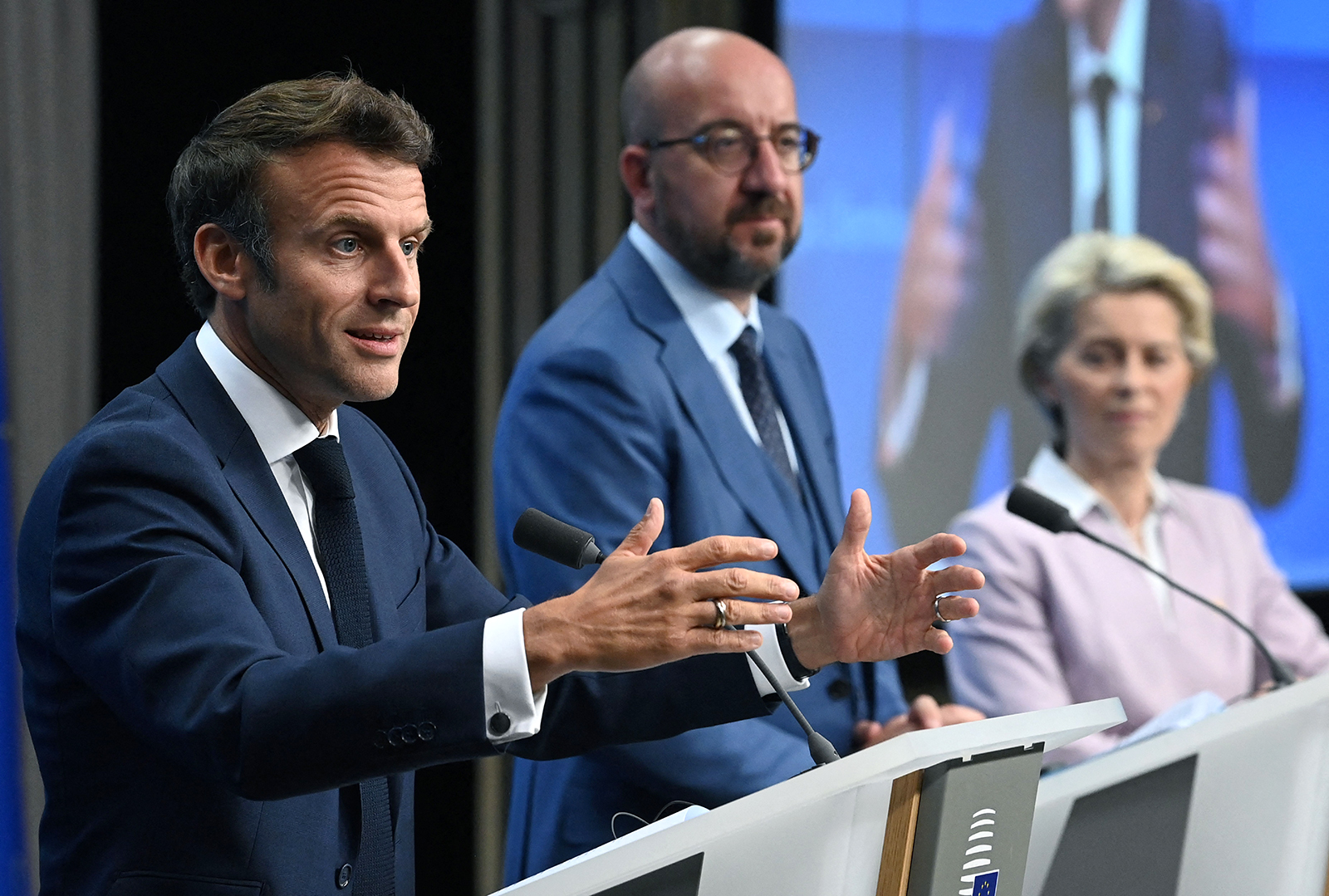 French President Emmanuel Macron, European Council President Charles Michel and European Commission President Ursula von der Leyen attend a press conference in Brussels on June 23. 