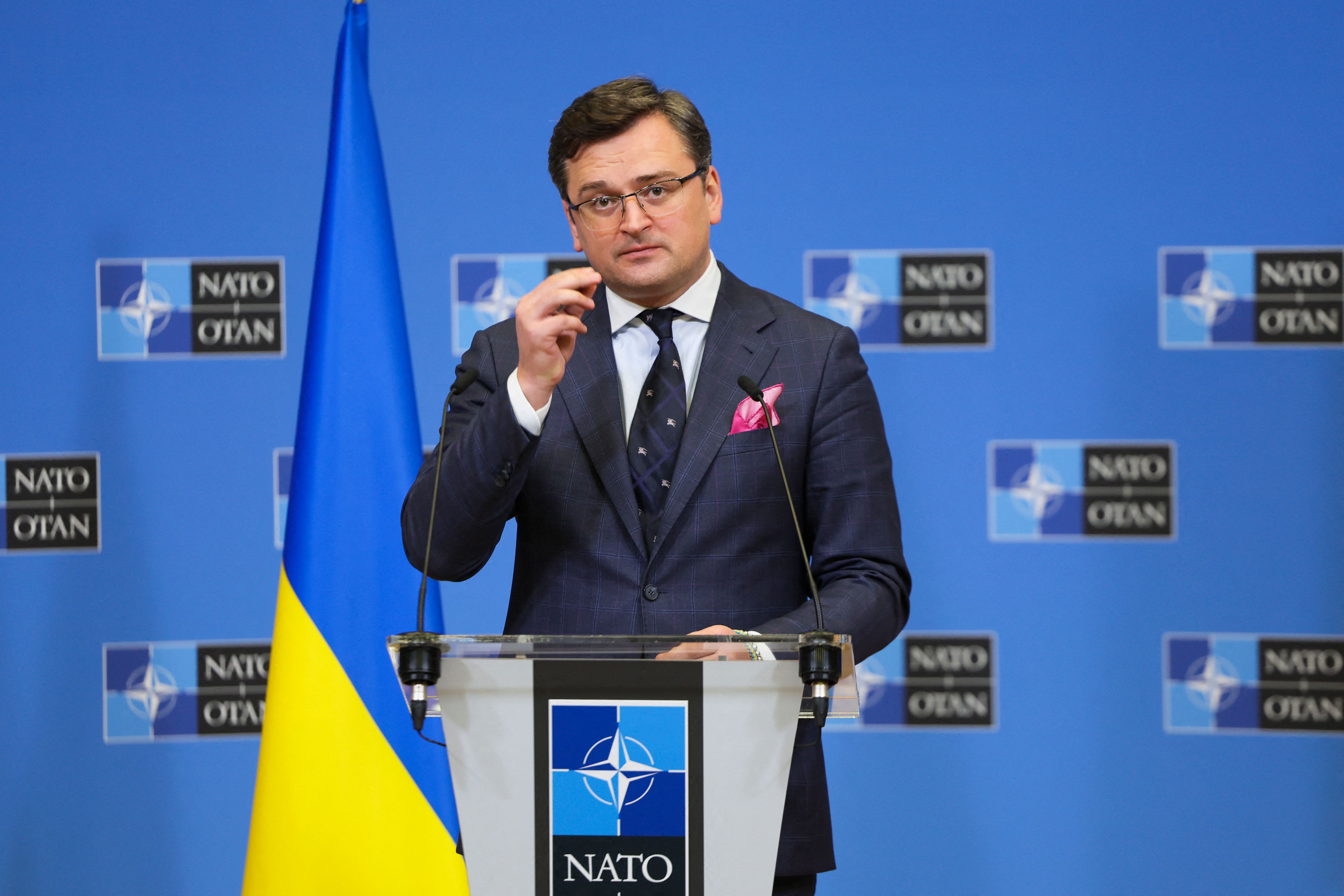 Ukrainian Foreign Minister Dmytro Kuleba speaks during a news conference at NATO headquarters in Brussels, Belgium, on April 7.