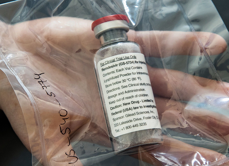 A vial of the drug Remdesivir seen during a press conference about the start of a study with the Ebola drug Remdesivir in particularly severely ill patients at the University Hospital Eppendorf in Hamburg, Germany on April 8, 2020, amidst the new coronavirus COVID-19 pandemic. (