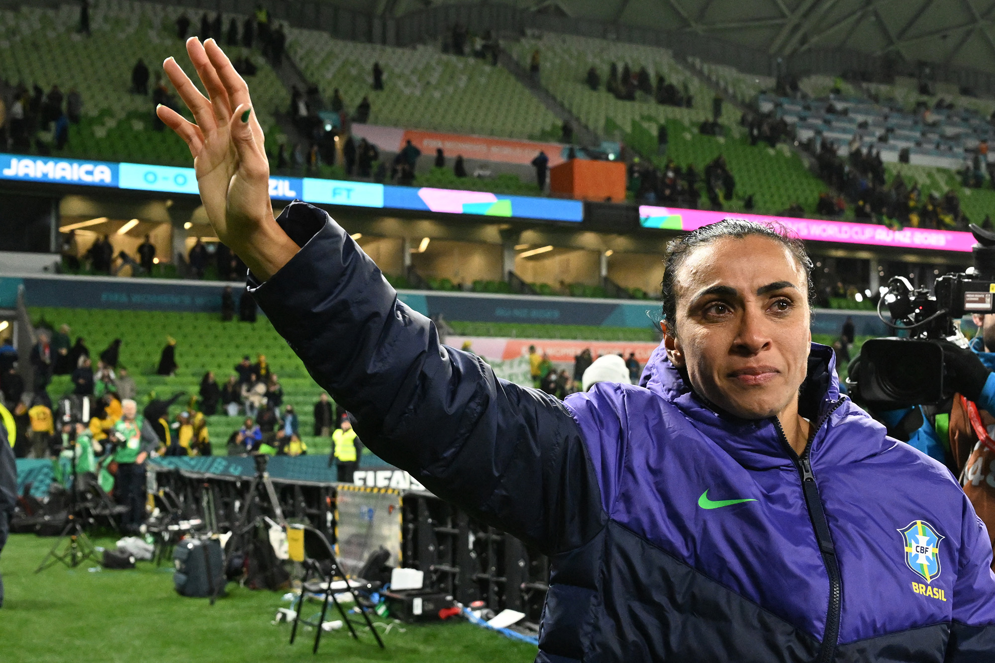Brazil's forward Marta waves to the crowd after the Australia and New Zealand 2023 Women's World Cup Group F football match between Jamaica and Brazil at Melbourne Rectangular Stadium in Melbourne on August 2.