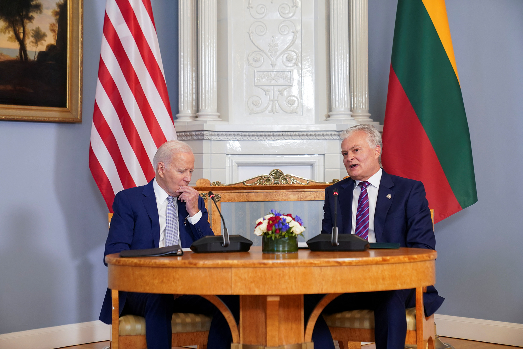 U.S. President Joe Biden, left, meets with Lithuanian President Gitanas Nauseda at the Presidential Palace in Vilnius, Lithuania, on July 11.