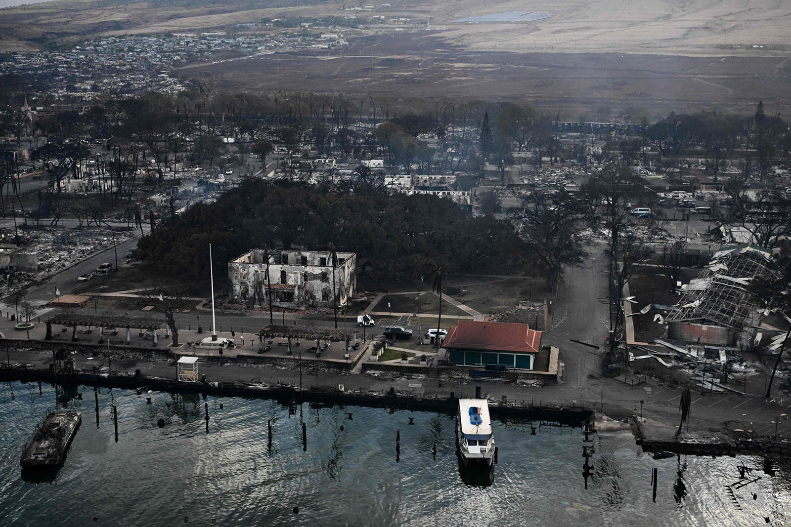 An aerial view shows the historic Banyan Tree along with destroyed homes, boats, and buildings burned to the ground on August 10.