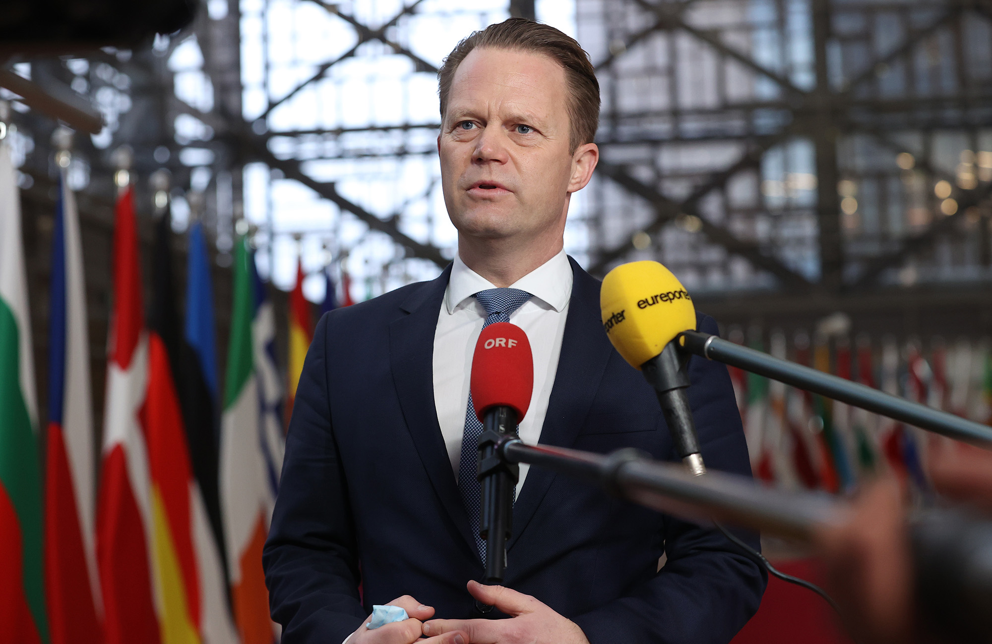 Denmark's Foreign Minister Jeppe Kofod speaks to press members ahead of EU General Affairs Council meeting in Brussels, Belgium, on January 25.