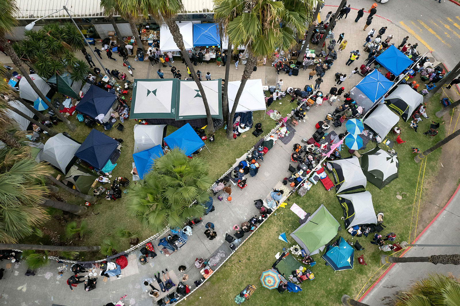 An aerial view of a Ukrainian refugee camp near the San Ysidro Port of Entry in Tijuana, Mexico, on Saturday, April 2.