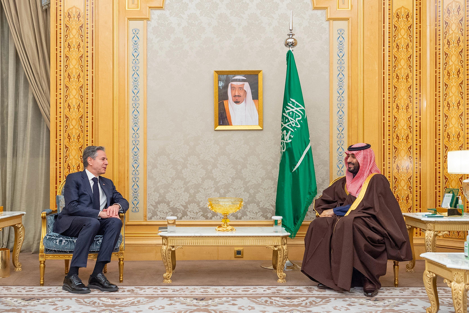 Antony Blinken meets Saudi Crown Prince Mohammed bin Salman, in Riyadh, Saudi Arabia, on February 5.
