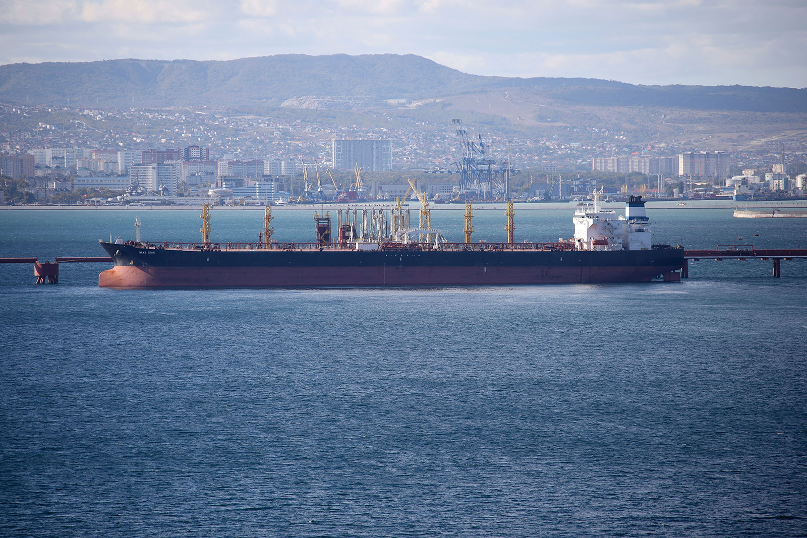 An oil tanker is moored at the Sheskharis complex, part of Chernomortransneft JSC, a subsidiary of Transneft PJSC, in Novorossiysk, Russia, in 2022. 