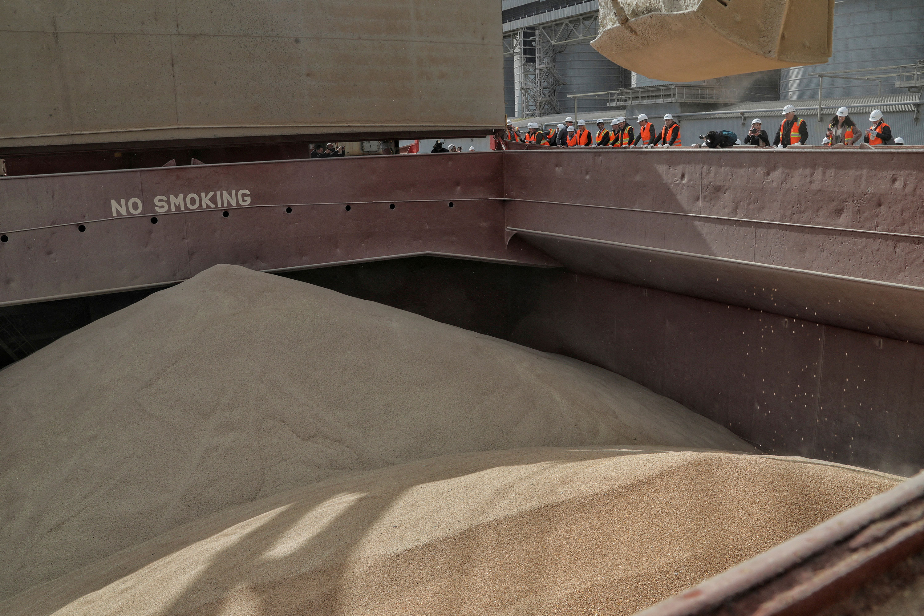 A container filled with wheat is seen aboard a cargo ship in a sea port in Ukraine's Odesa region on March 24. 