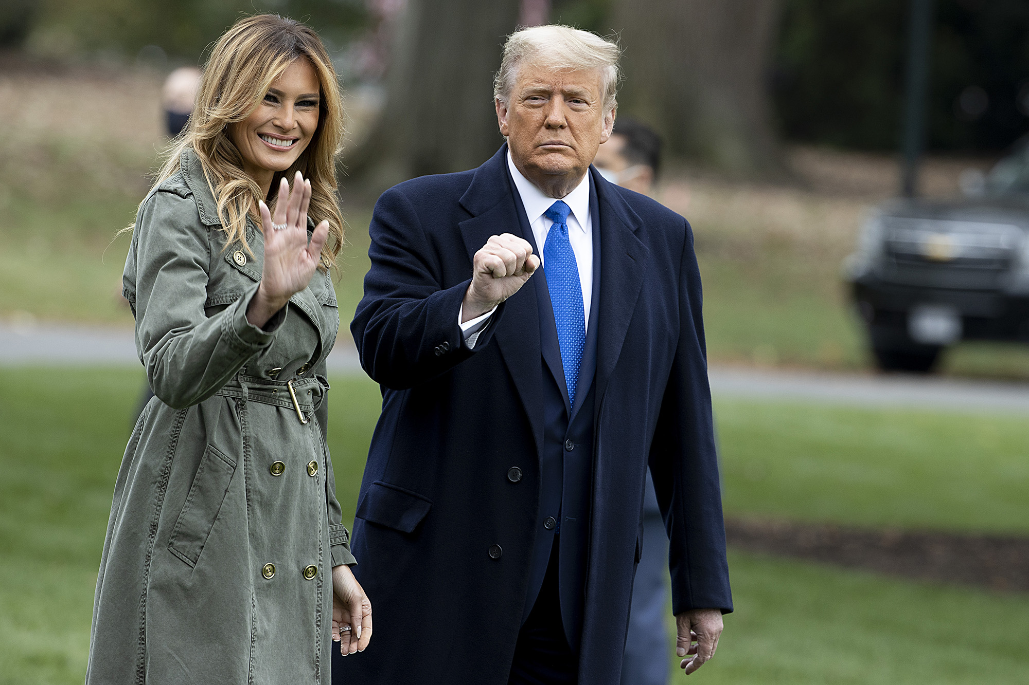 First Lady Melania Trump and President Donald Trump walk on the south lawn of the White House on October 27, in Washington, DC. 