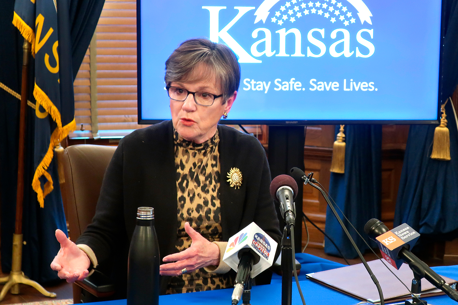 Kansas Gov. Laura Kelly discusses the coronavirus pandemic from the Statehouse in Topeka, Kan. on April 15. 