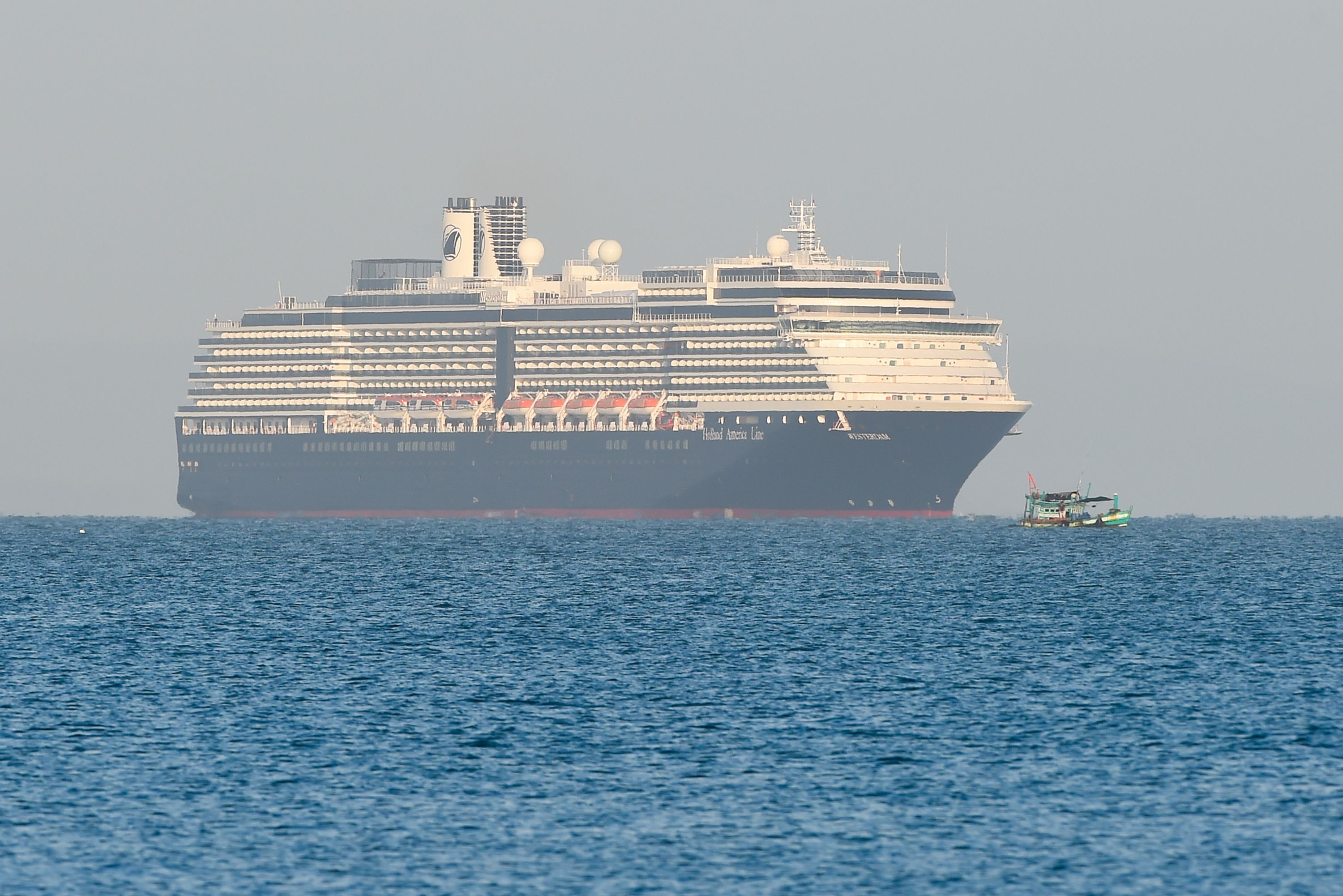 The Westerdam cruise ship approaches port in Sihanoukville, on Cambodia's southern coast where the liner had received permission to dock.