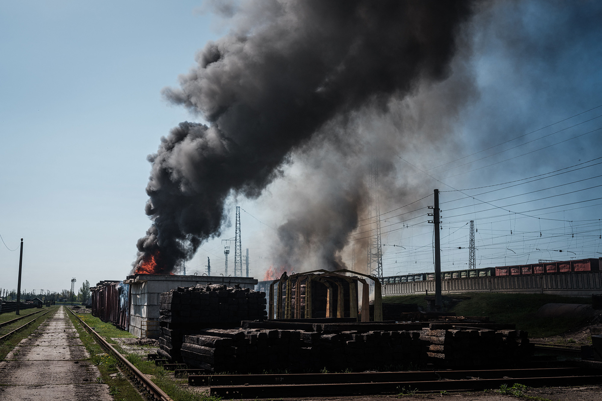 Fires burn after a shelling near Lyman station in Lyman, eastern Ukraine, on April 28.