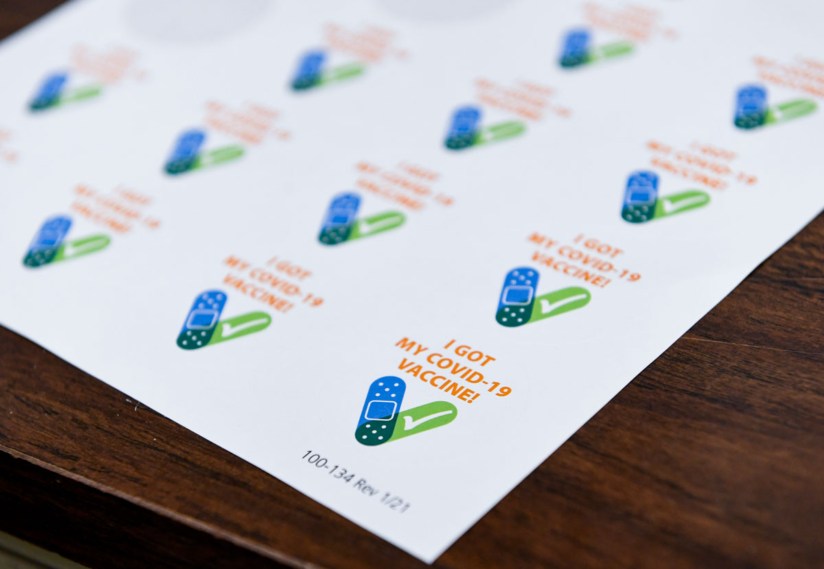 A sheet of "I Got My Covid-19 Vaccine" stickers are seen at the St. Joseph's Community Campus in downtown Reading, Pennsylvania on April 21.