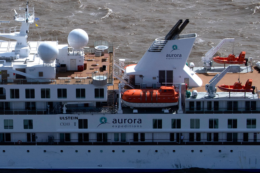 Aerial view of Australian cruise ship Greg Mortimer off the port of Montevideo, Uruguay on April 7. 