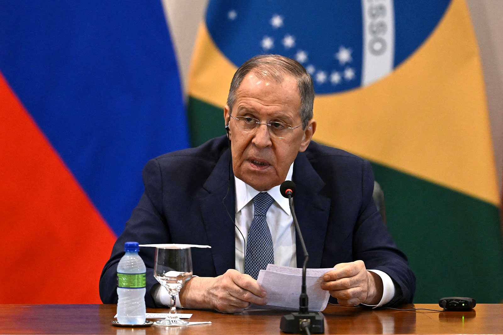 Russian Foreign Minister Sergey Lavrov speaks during a press conference in Brasilia on April 17.