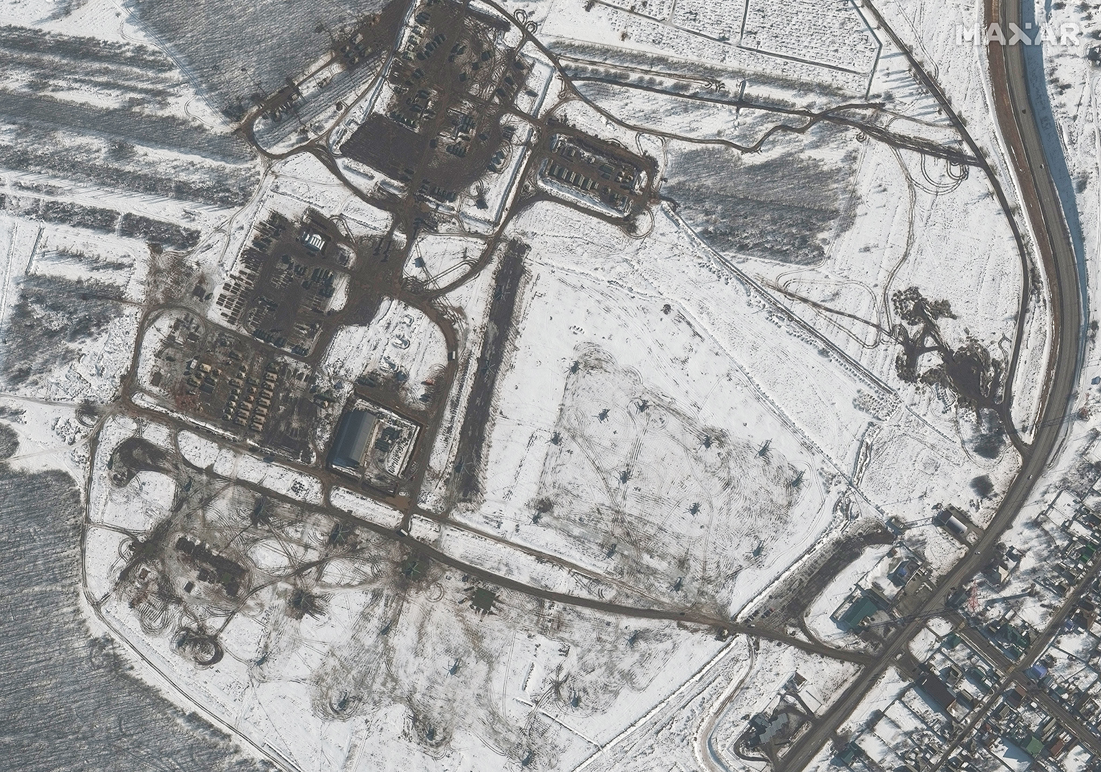 A satellite image shows an overview of helicopter deployments at Valuyki, Russia on February 20. 