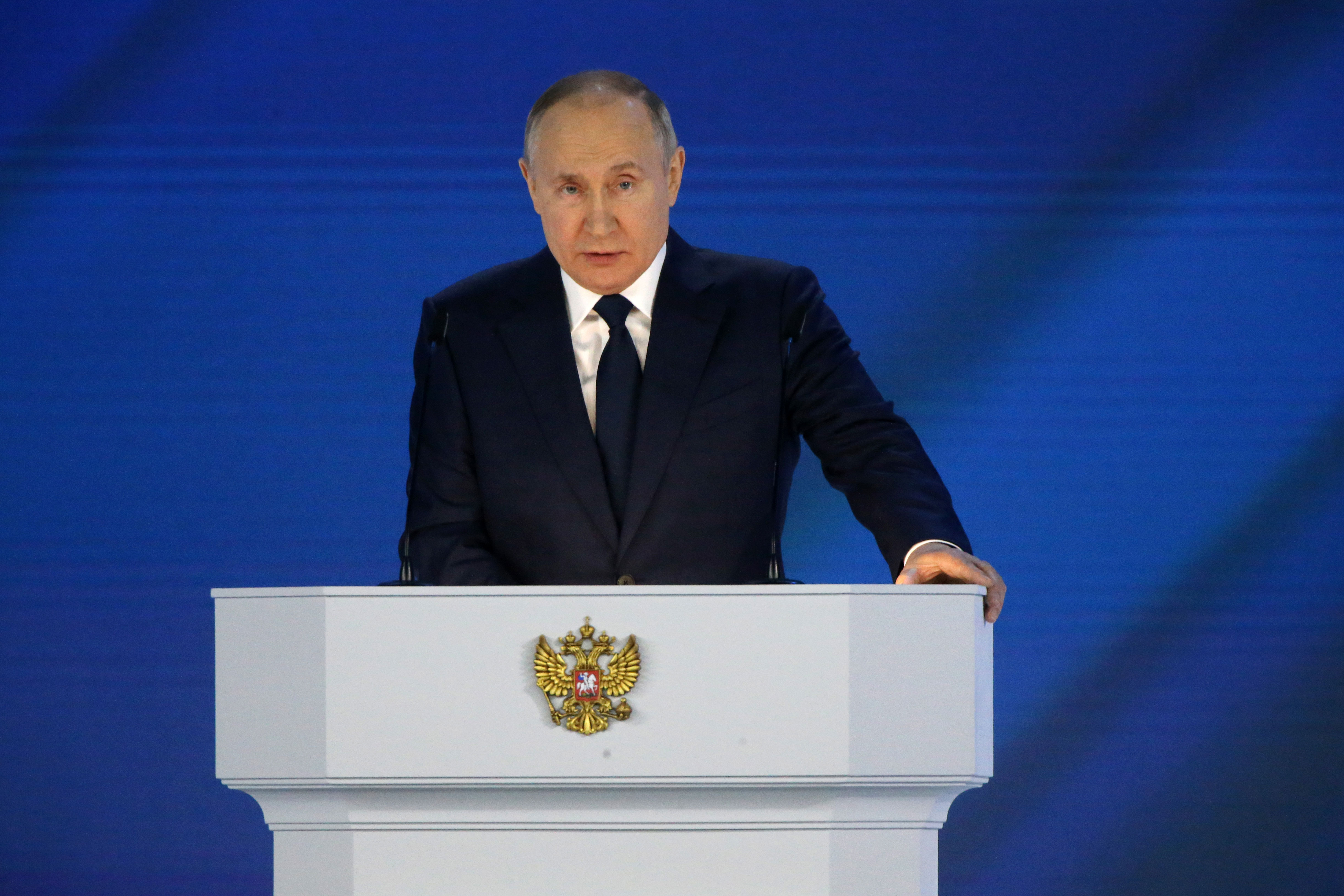 Russian President Vladimir Putin delivers his annual address on April 21 in Moscow.