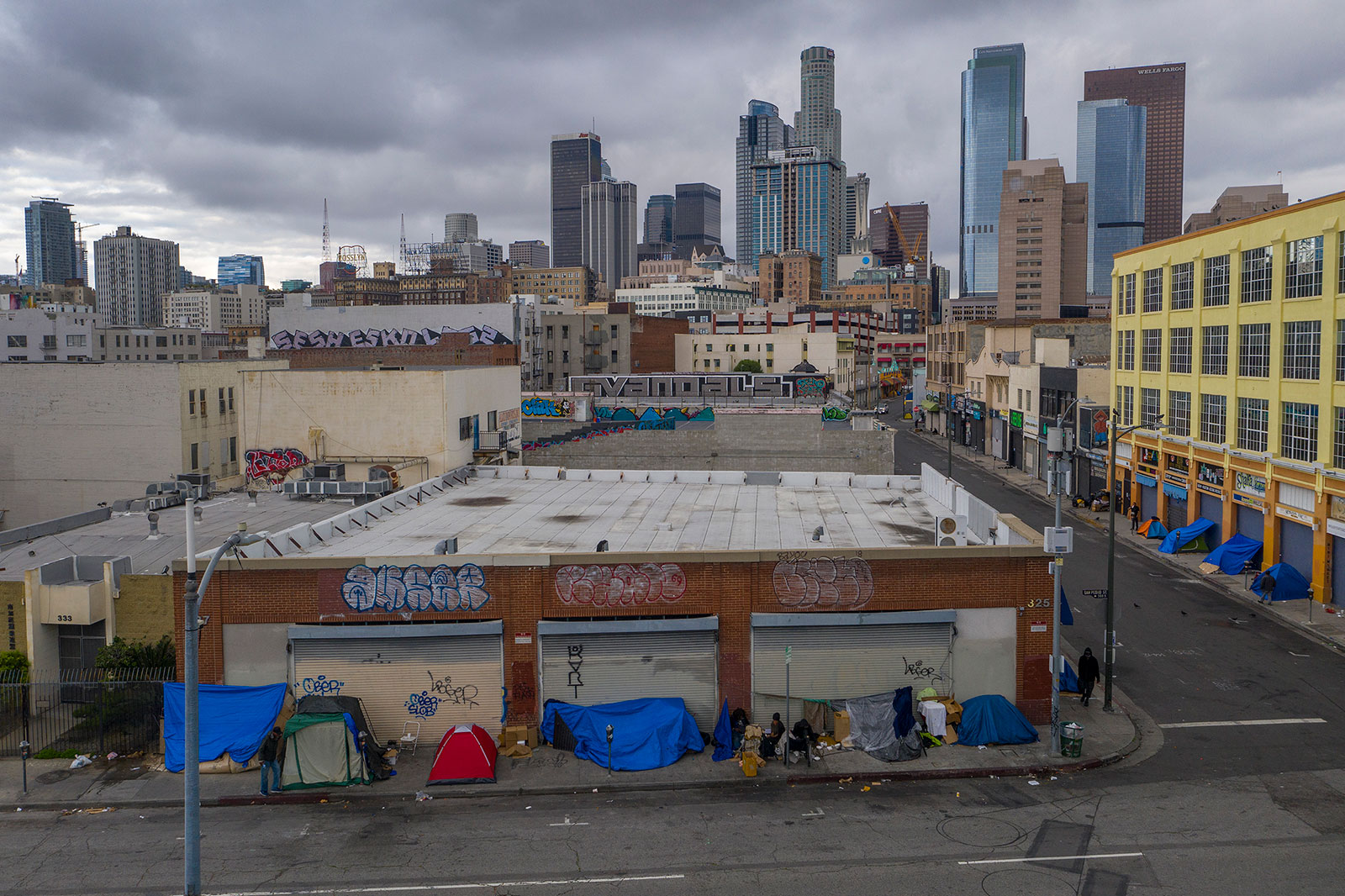 Tents line a sidewalk in Skid Row near downtown Los Angeles on April 18.