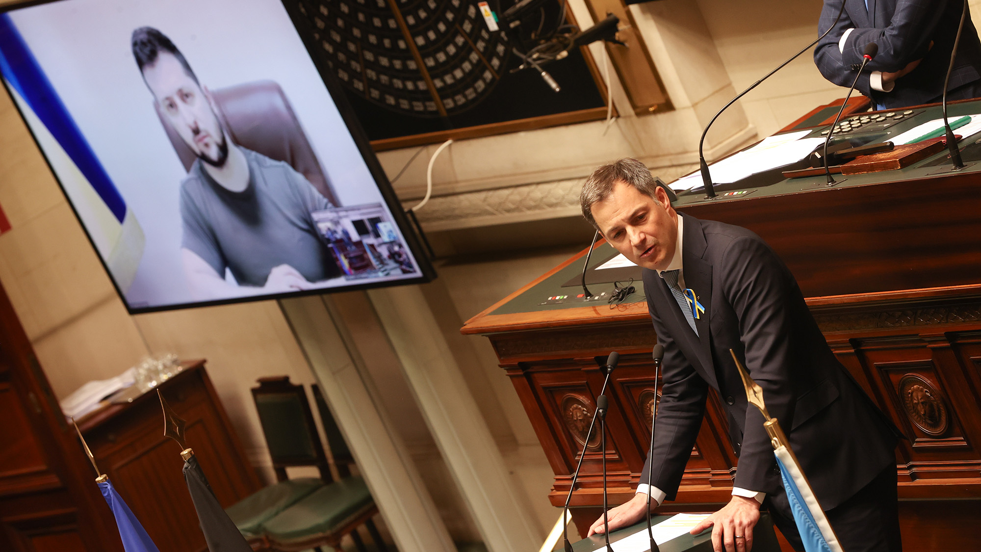 Belgian Prime Minister Alexander De Croo speaks prior to Ukrainian President Volodymyr Zelensky statement during a plenary session of the Chamber at the Federal Parliament in Brussels on Thursday March 31. 