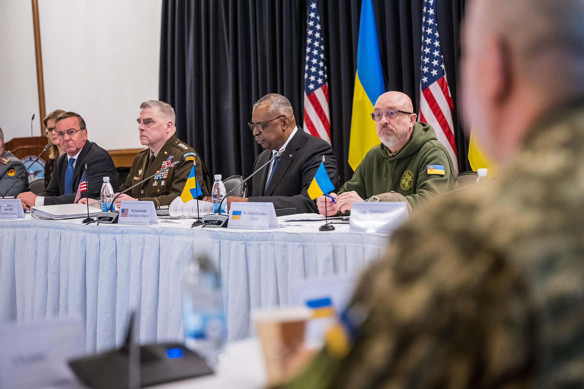 German Defence Minister Boris Pistorius, left, Chairman of the US Joint Chiefs of Staff Gen. Mark Milley, second left,  US Secretary of Defence Lloyd Austin, center and Ukrainian Defence Minister Oleksii Reznikov, center right, pictured during a meeting of the Ukraine Defense Contact Group at Ramstein Air Base, Germany, on January 20.