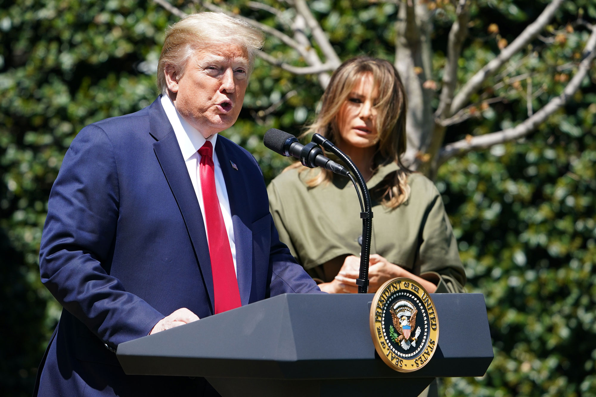US President Donald Trump speaks on the South Lawn of the White House in Washington, on April 22.