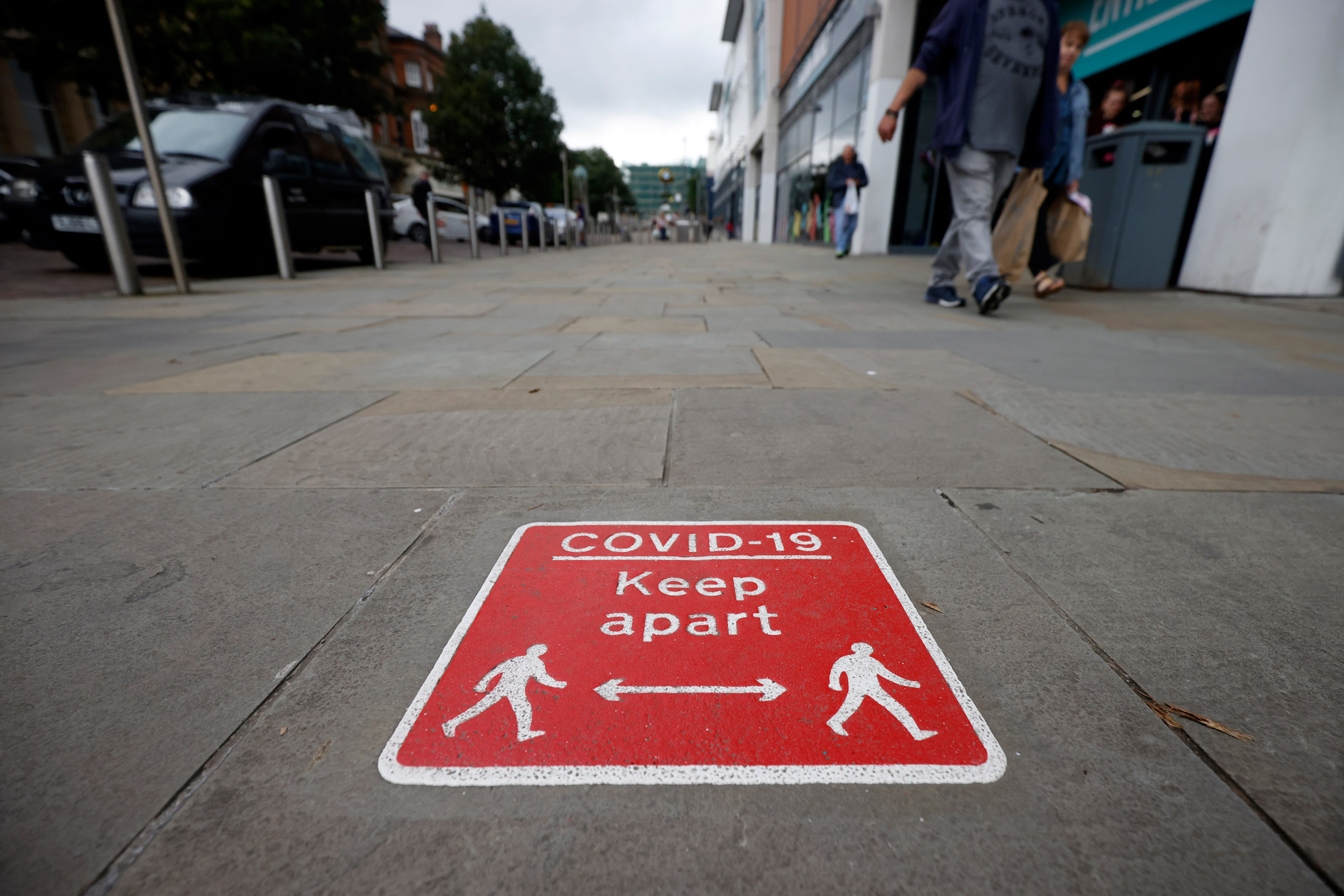 Social distancing signs are seen in Blackburn town center on July 17 in Blackburn, England. 