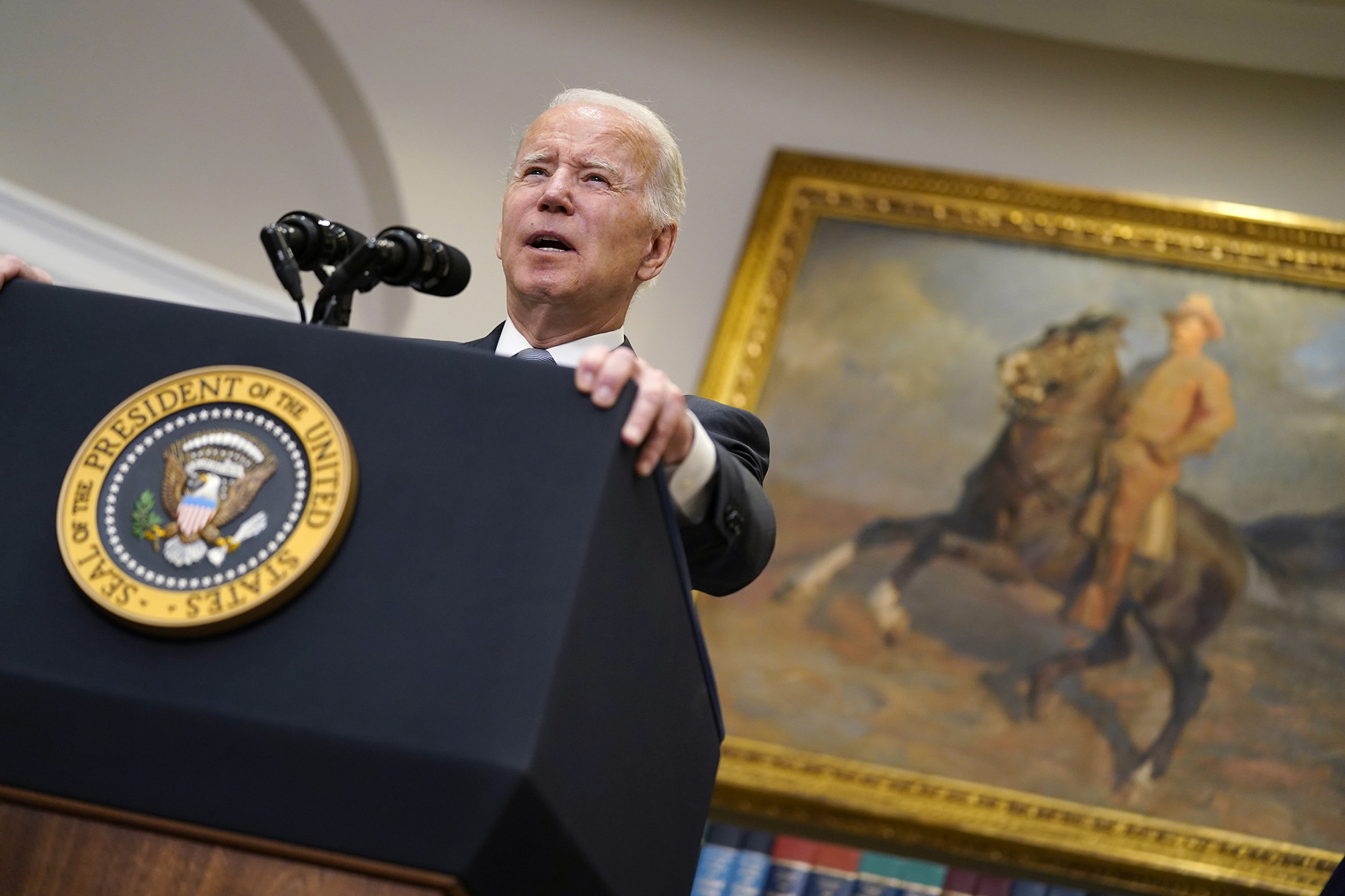 President Joe Biden delivers remarks on the Russian invasion of Ukraine in the Roosevelt Room of the White House, on April 21, 2022, in Washington, D.C.