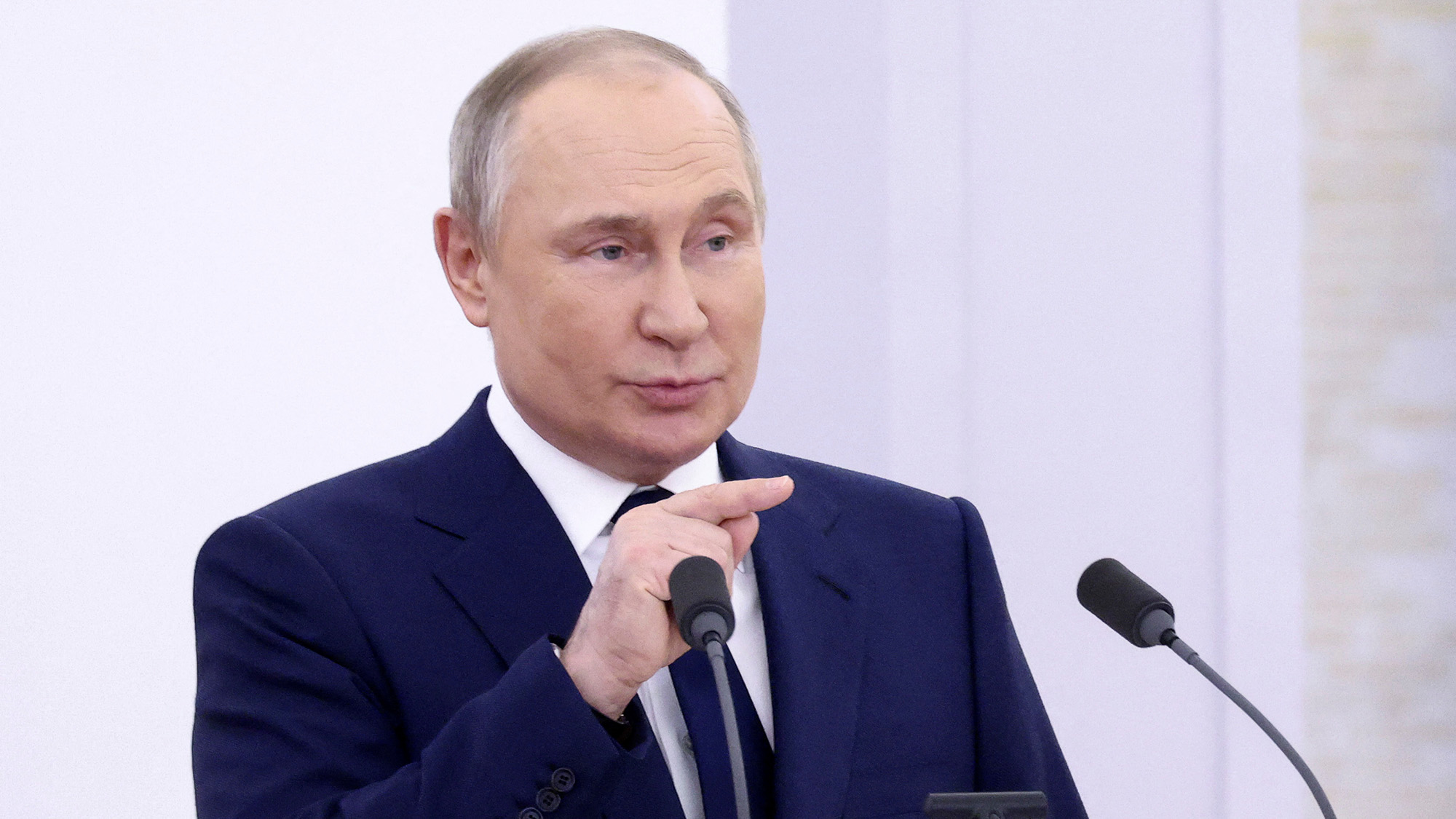 Russian President Vladimir Putin delivers a speech at the Kremlin in Moscow on April 26. 