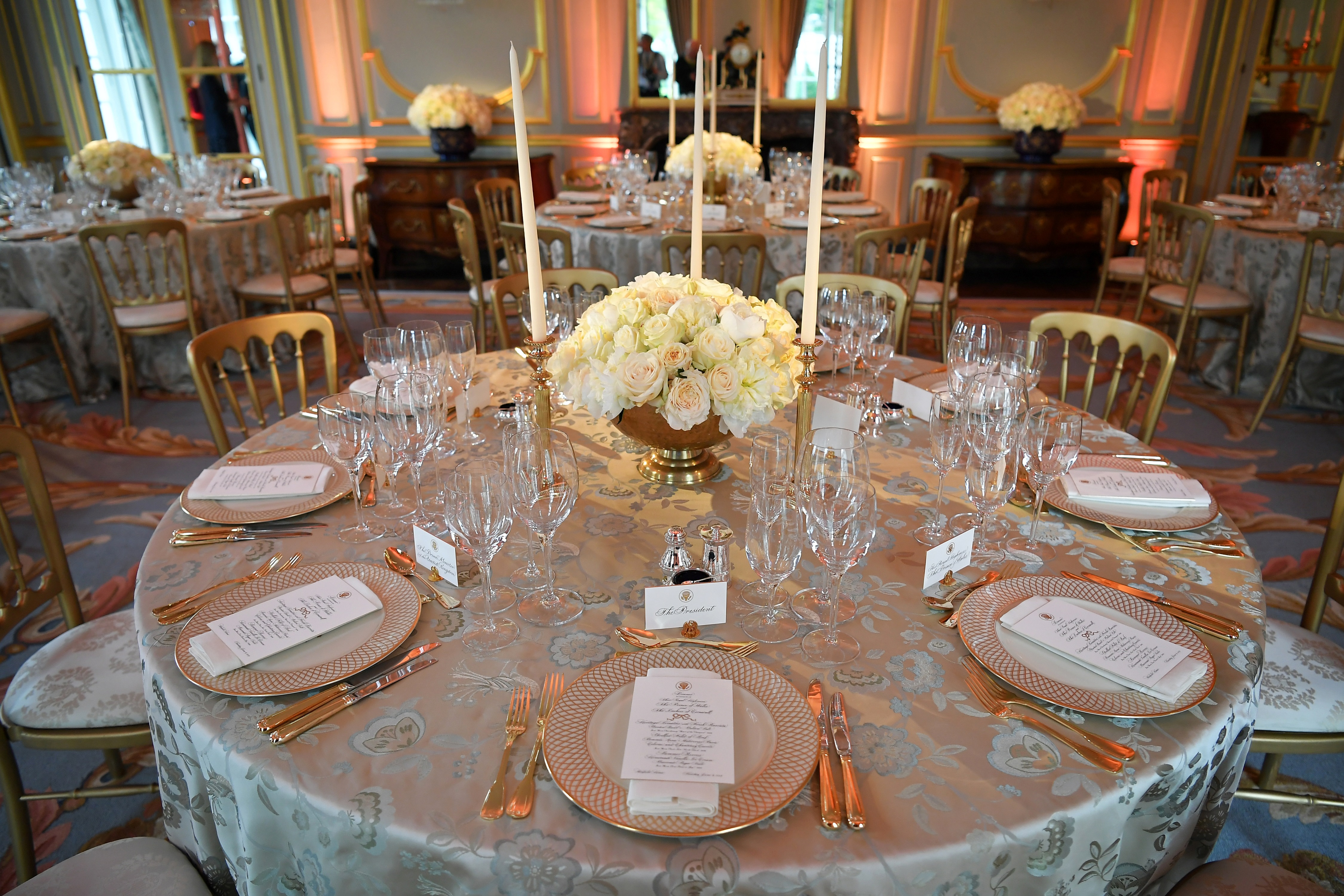 The place setting of President Trump is pictured on the top table ahead of a dinner with Prince Charles at Winfield House in London on June 4, 2019.