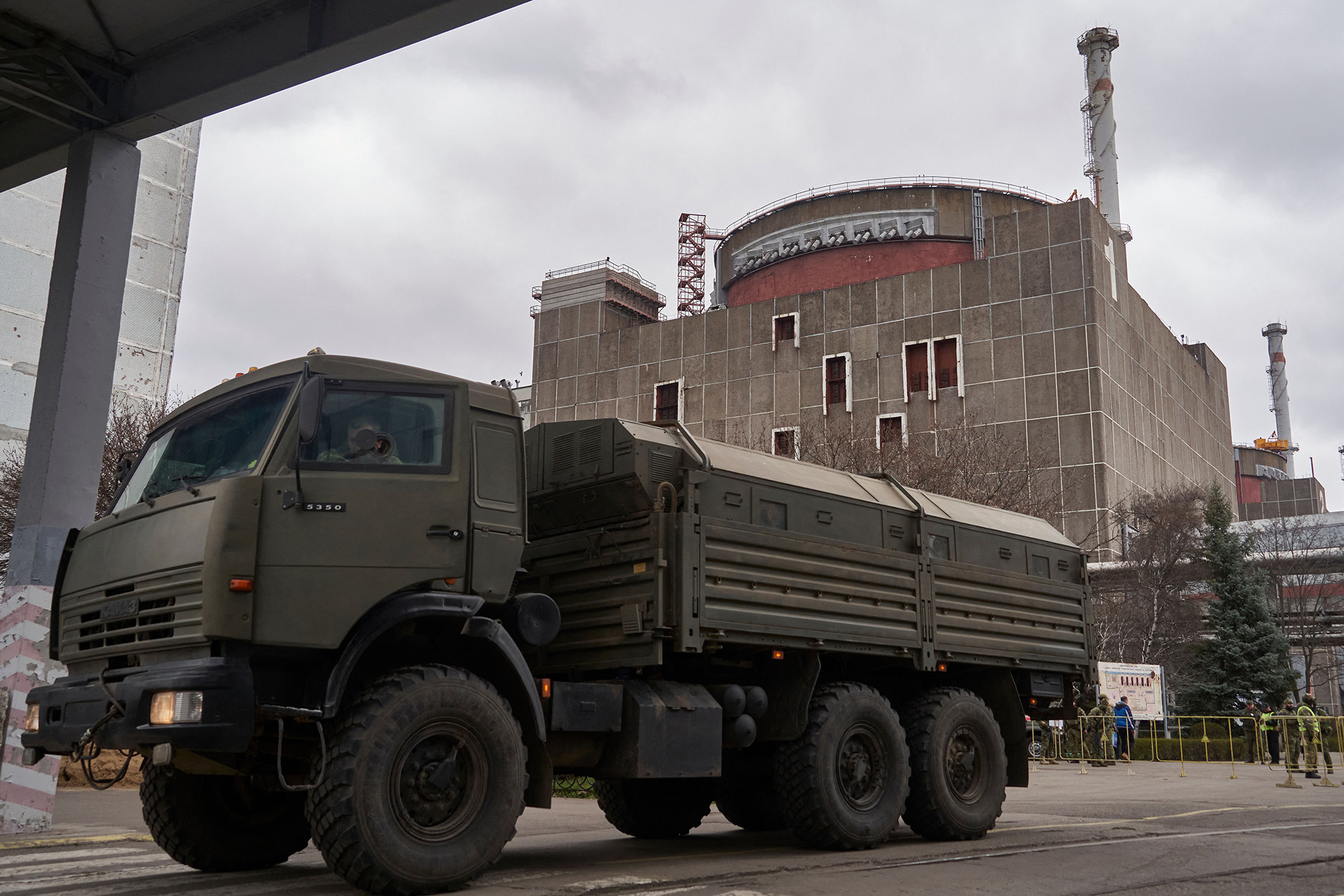 A Russian military truck is seen on the grounds of the Russian-controlled Zaporizhzhia nuclear power plant in southern Ukraine on March 29.