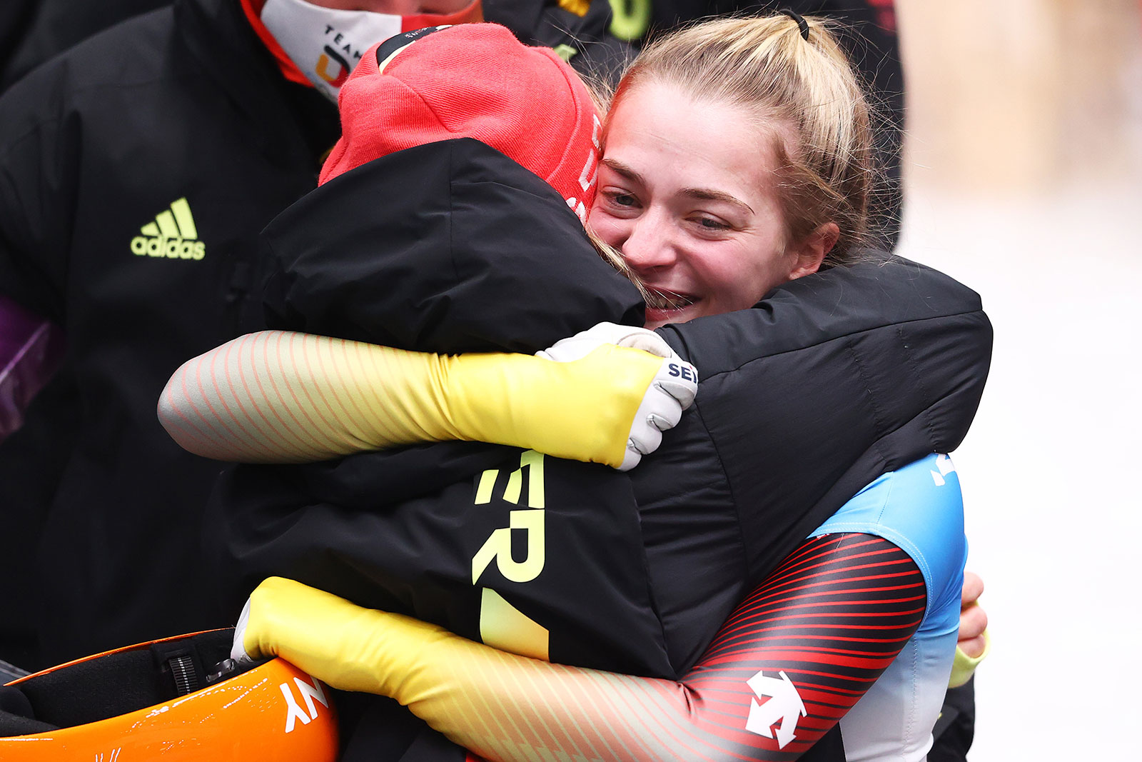 Germany's Hannah Neise celebrates after capturing the gold medal in the women's skeleton on February 12.