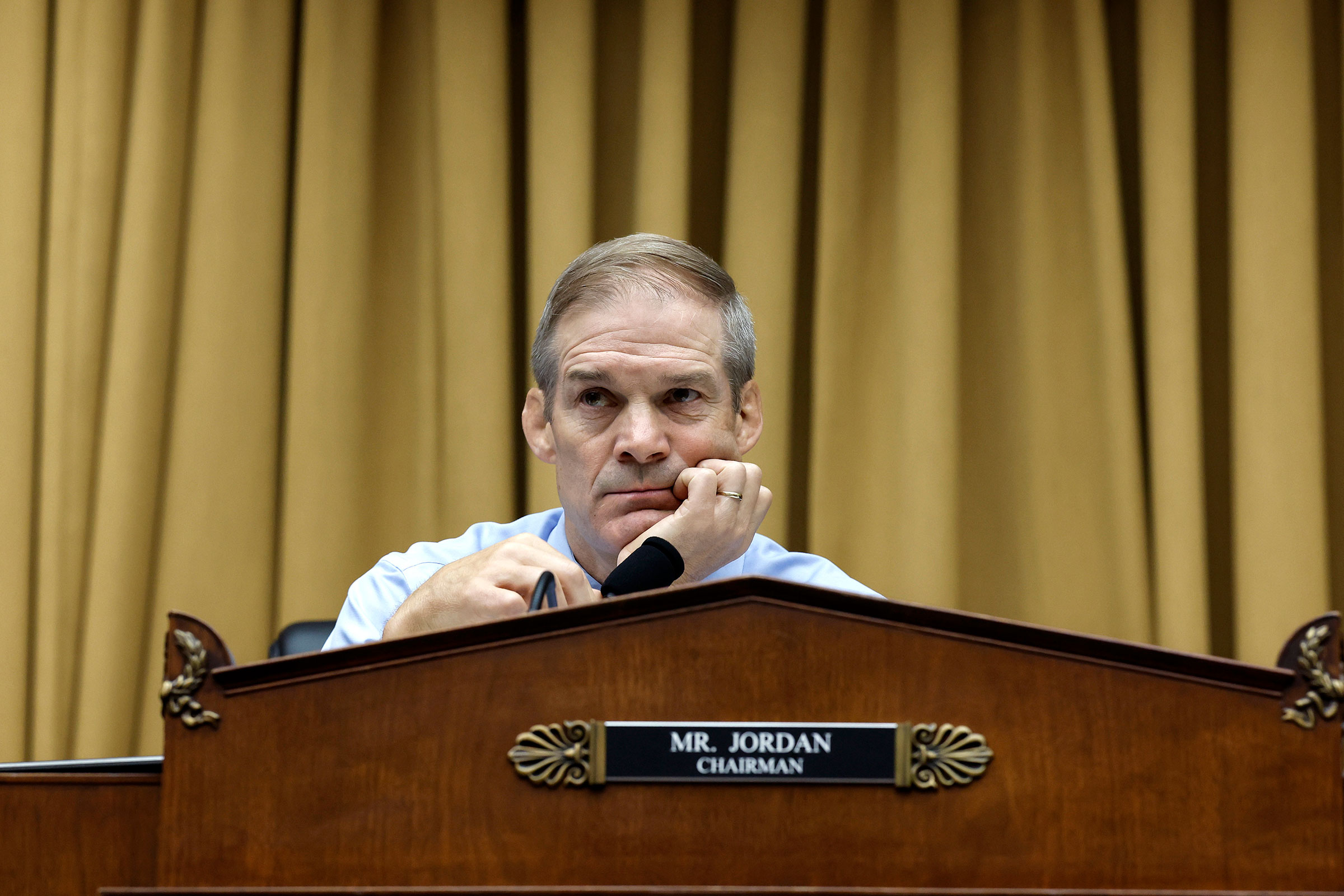 House Judiciary Chairman Jim Jordan listens during a hearing with the House Judiciary Subcommittee on the Weaponization of the Federal Government on Capitol Hill on July 20, 2023 in Washington, DC. 