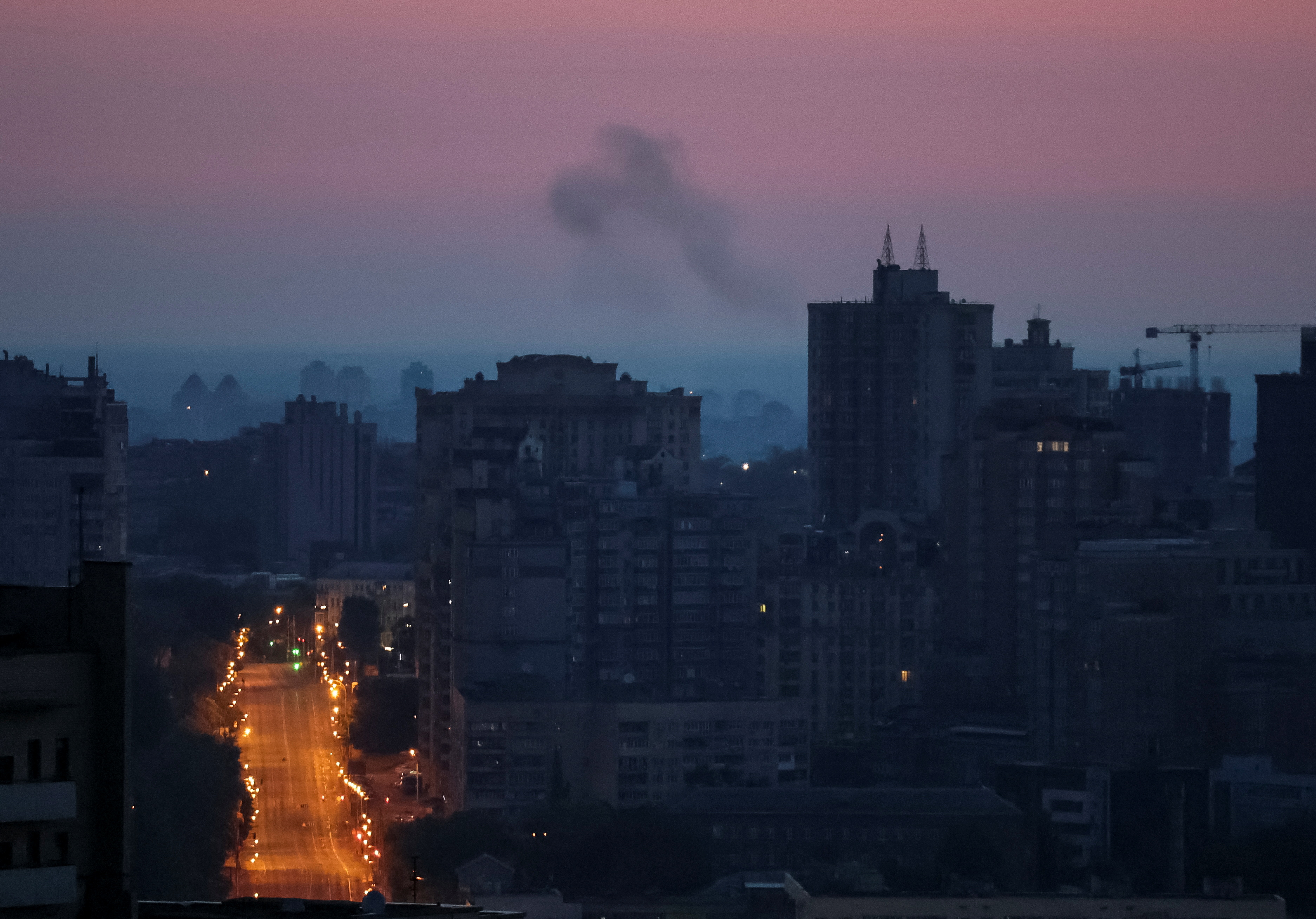 Smoke rises in the sky over the city after a Russian missile strike in Kyiv, Ukraine, on May 26.