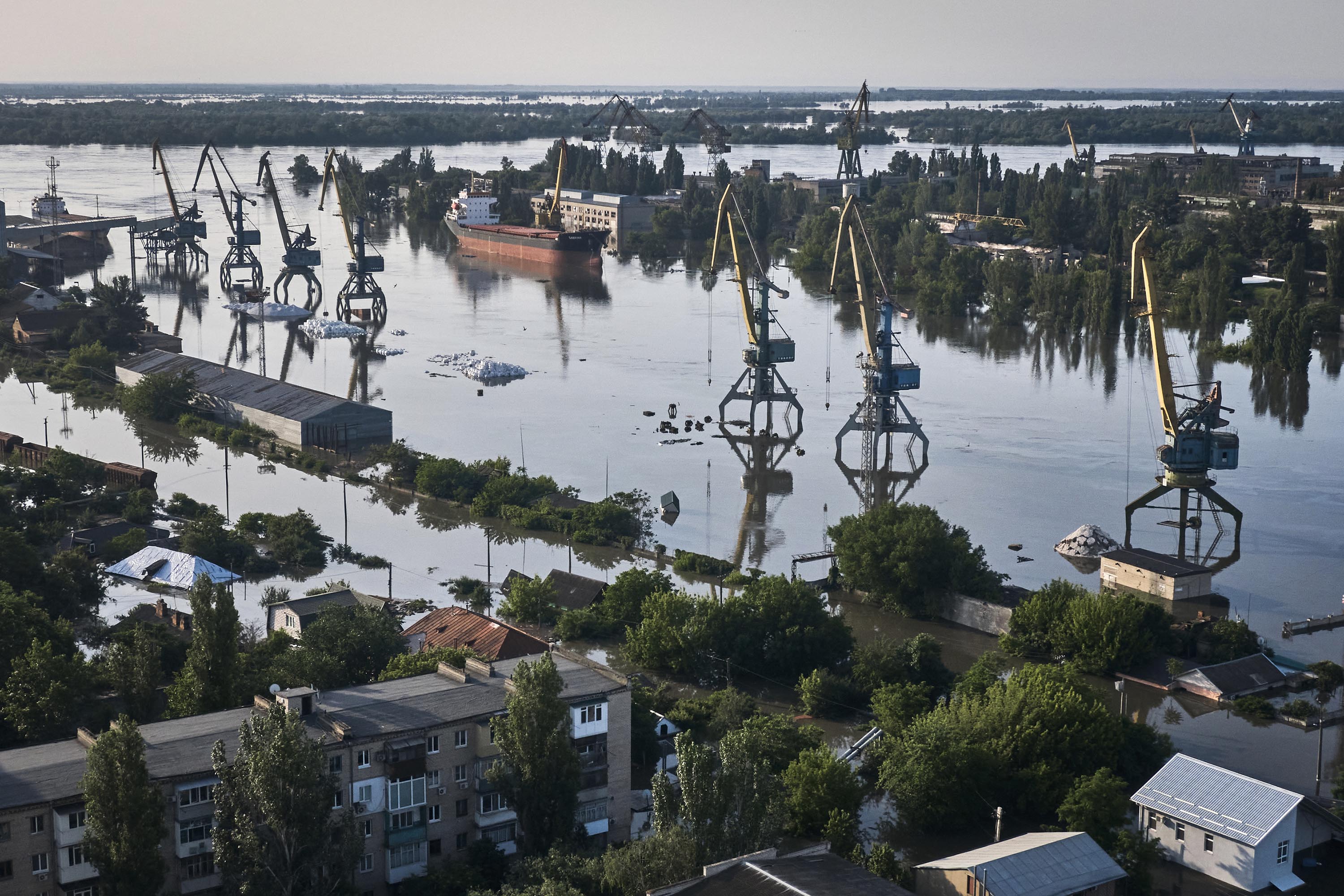 Flooded streets are seen in Kherson, Ukraine, on Wednesday, June 7. 