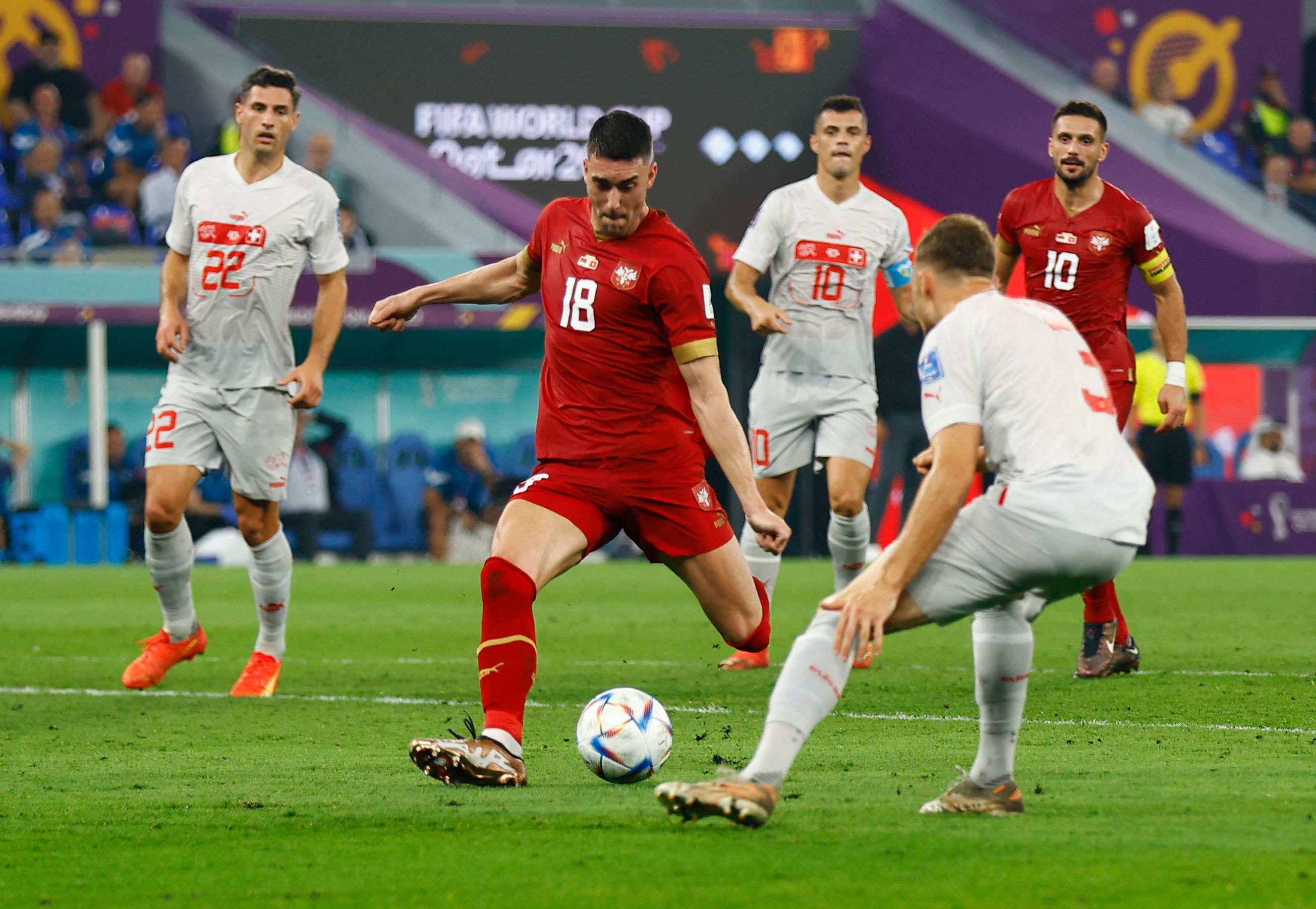 Serbia's Dušan Vlahović scores his team's second goal against Switzerland.