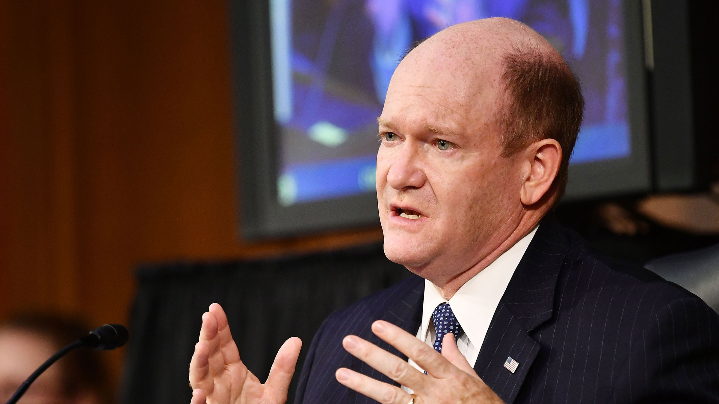 Senator Chris Coons testifies before the Senate Judiciary Committee on October 15, 2020 in Washington, DC.