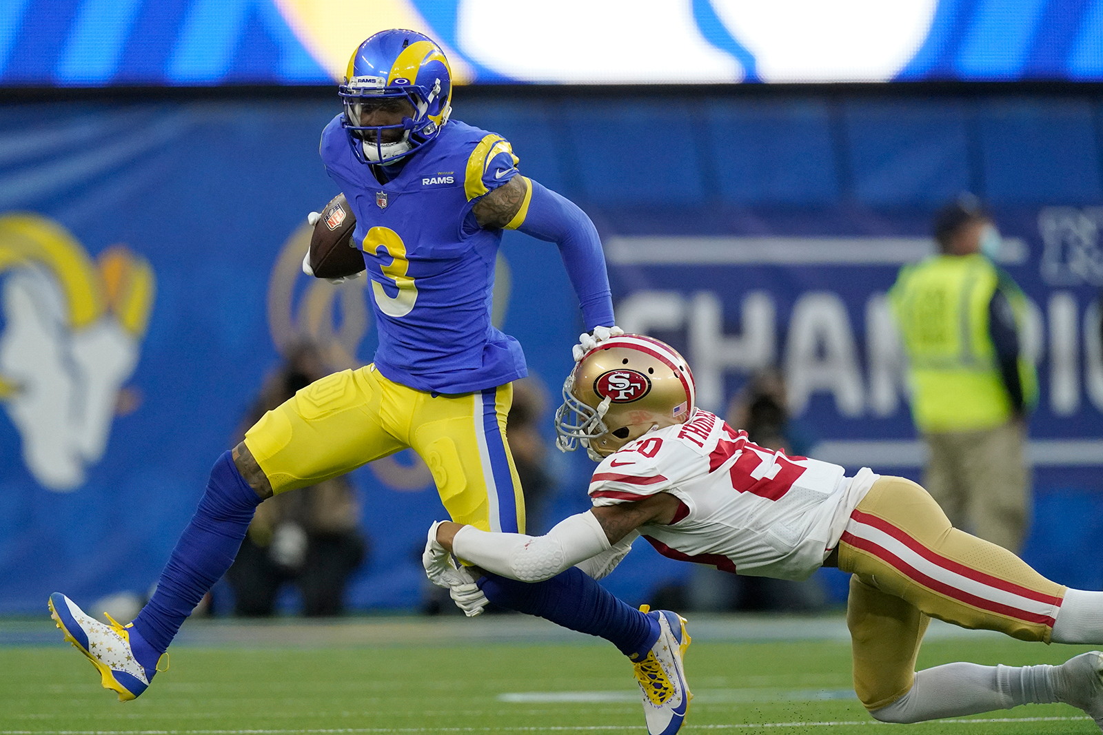 Los Angeles Rams wide receiver Odell Beckham Jr. (3) runs against San Francisco 49ers' Ambry Thomas on Sunday.