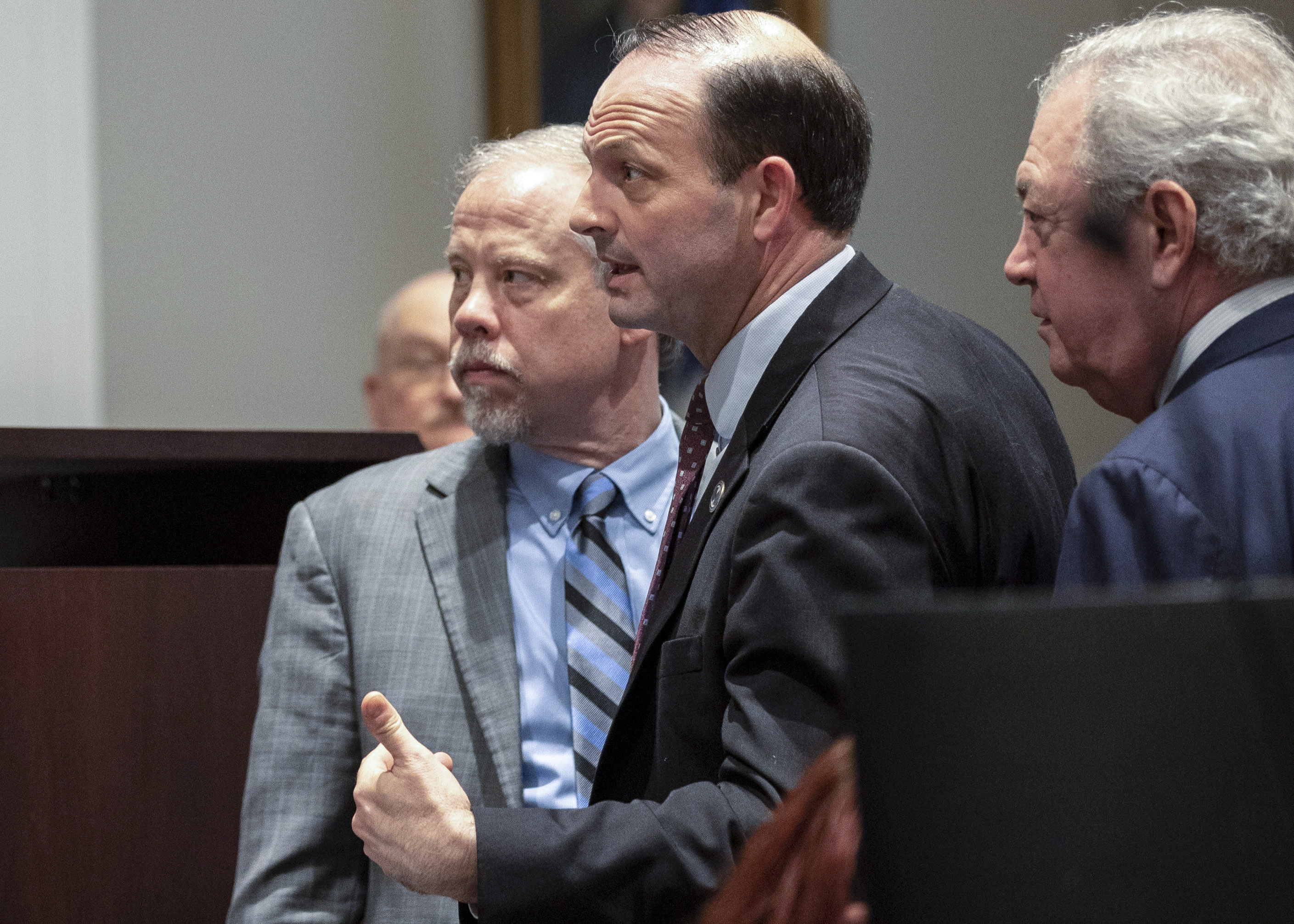 From left, prosecutor Creighton Waters, South Carolina Attorney General Alan Wilson and defense attorney Dick Harpootlian speak to the judge during Alex Murdaugh’s double murder trial at the Colleton County Courthouse on Thursday, in Walterboro, South Carolina.