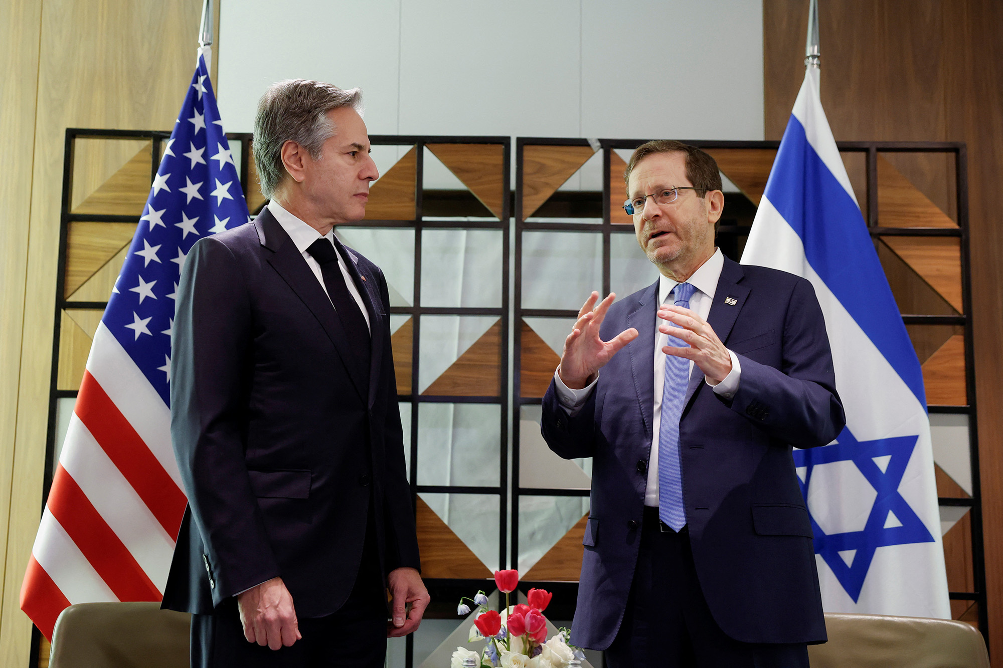 U.S. Secretary of State Antony Blinken, left, meets Israel's President Isaac Herzog at David Kempinski Hotel, in Tel Aviv, Israel, on January 9.