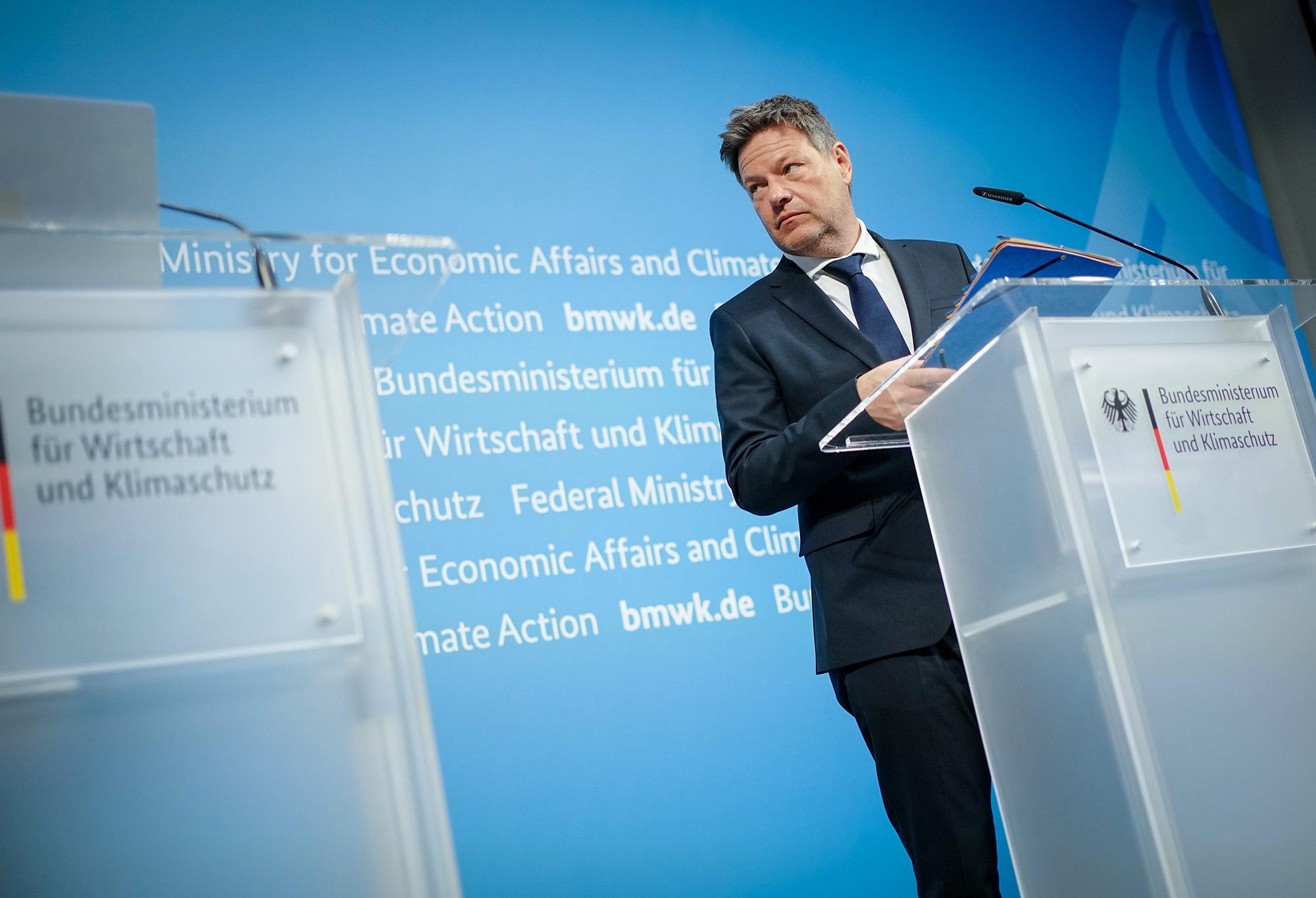 Robert Habeck, Germany's economy minister, holds a news conference on energy security, in Berlin on March 30.