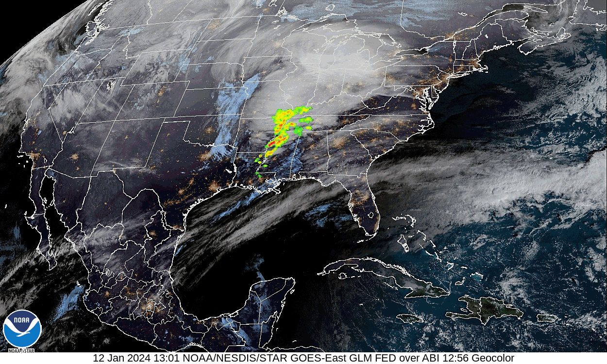 Lightning flashes (greens, yellows and reds) are overlaid on top of a satellite image depicting the large storm impacting the eastern half of the US. A faint, brief flash is seen in Illinois, indicating the thundersnow. 