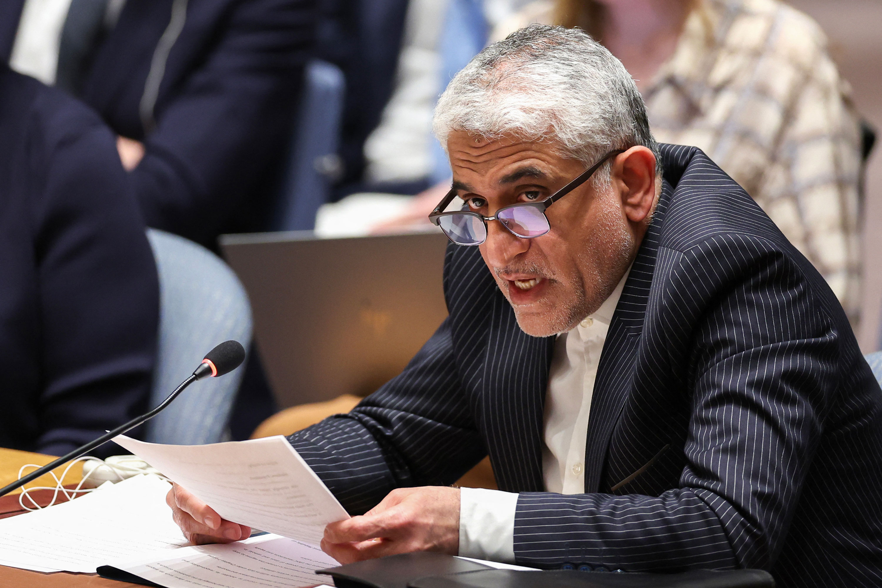 Iran’s UN Ambassador Amir Saeid Iravani speaks during the meeting on Sunday. 