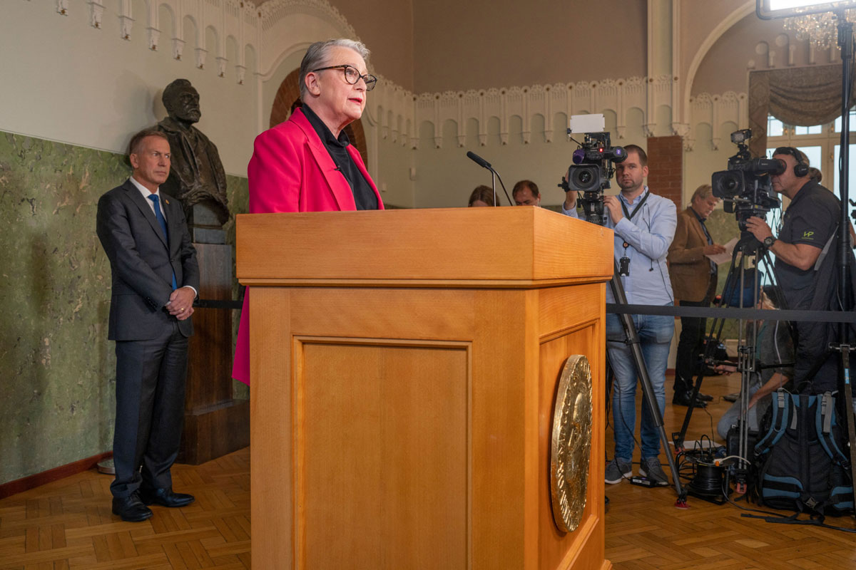 Berit Reiss-Andersen, chair of the Nobel Peace Prize Committee, speaks during a press conference to announce the winner of the 2021 Nobel Peace Prize.