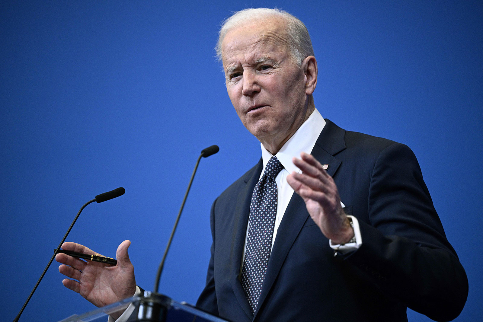 US President Joe Biden speak during a press conference at NATO headquarters in Brussels on March 24. 