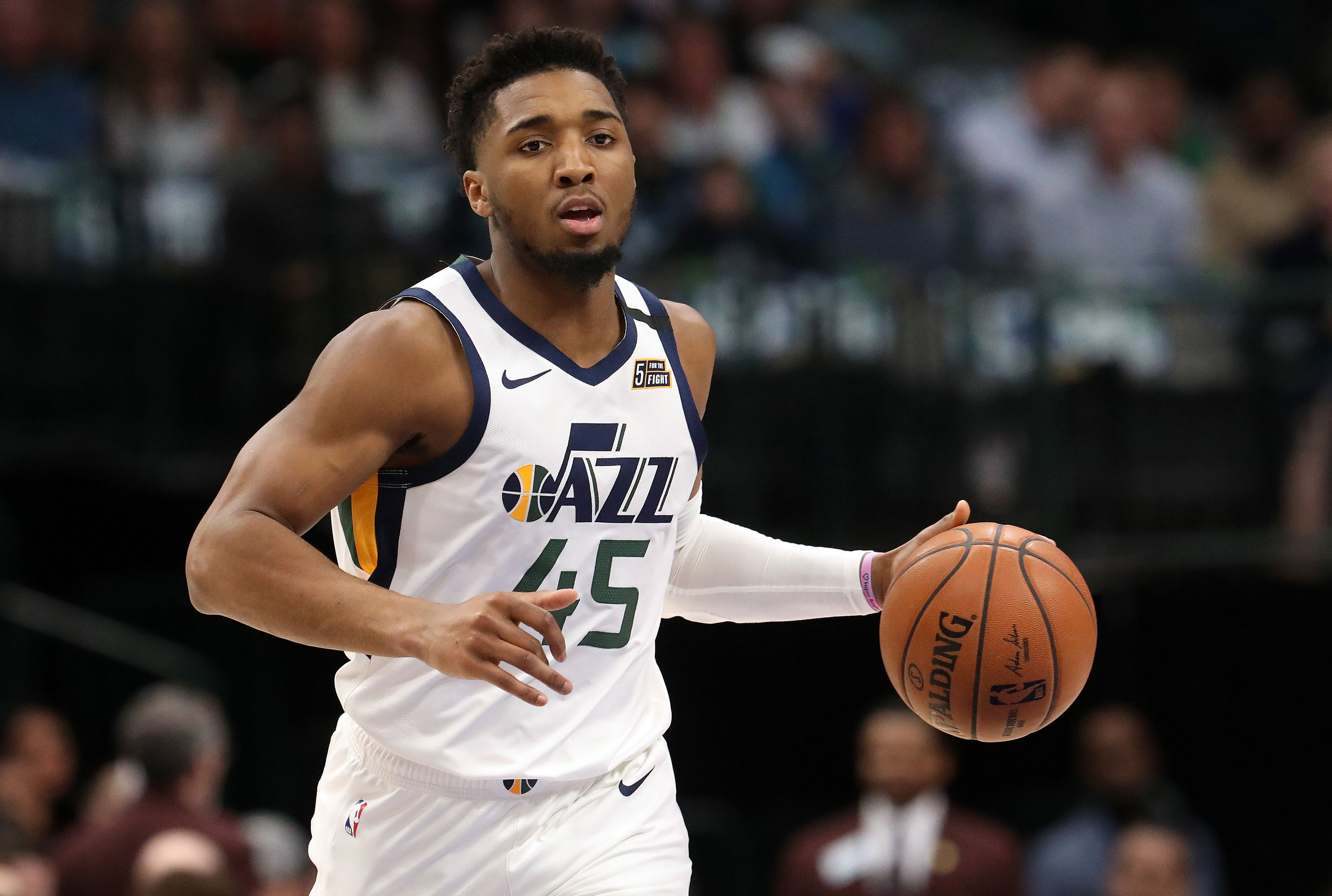 Donovan Mitchell of the Utah Jazz plays in a game at the American Airlines Center on February 10 in Dallas, Texas.