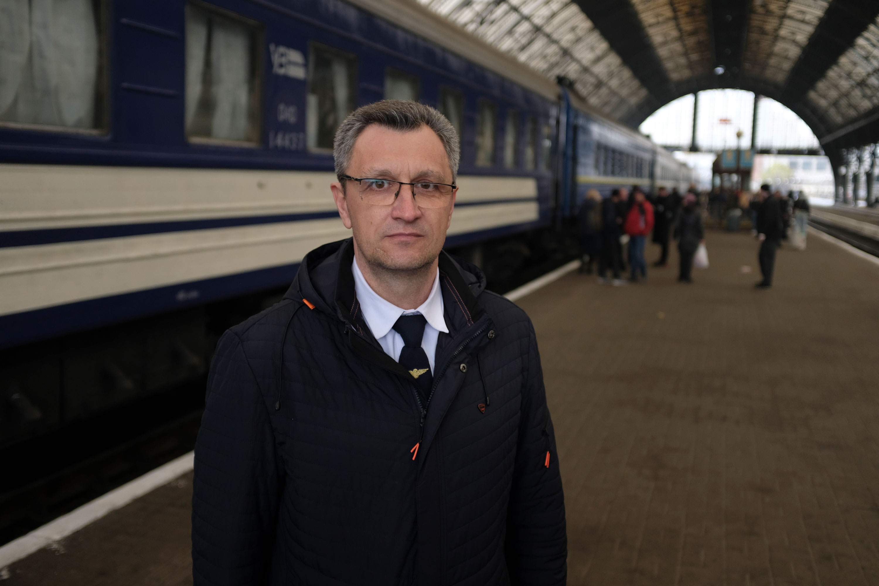 Train Captain, Serhii Antokhov, in Lviv's train station, on Friday.