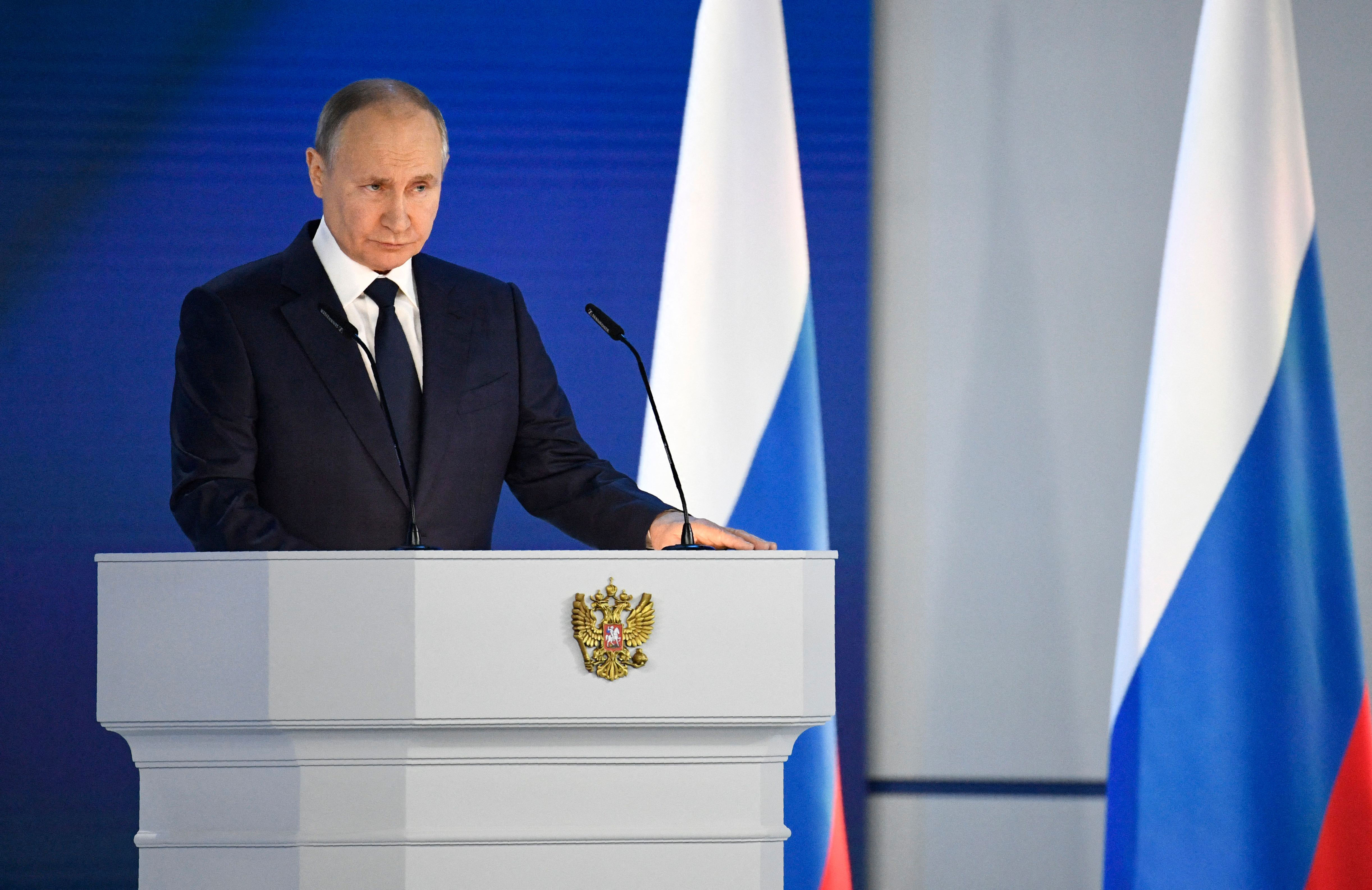 Russian President Vladimir Putin delivers his annual state of the nation address in Moscow on April 21.