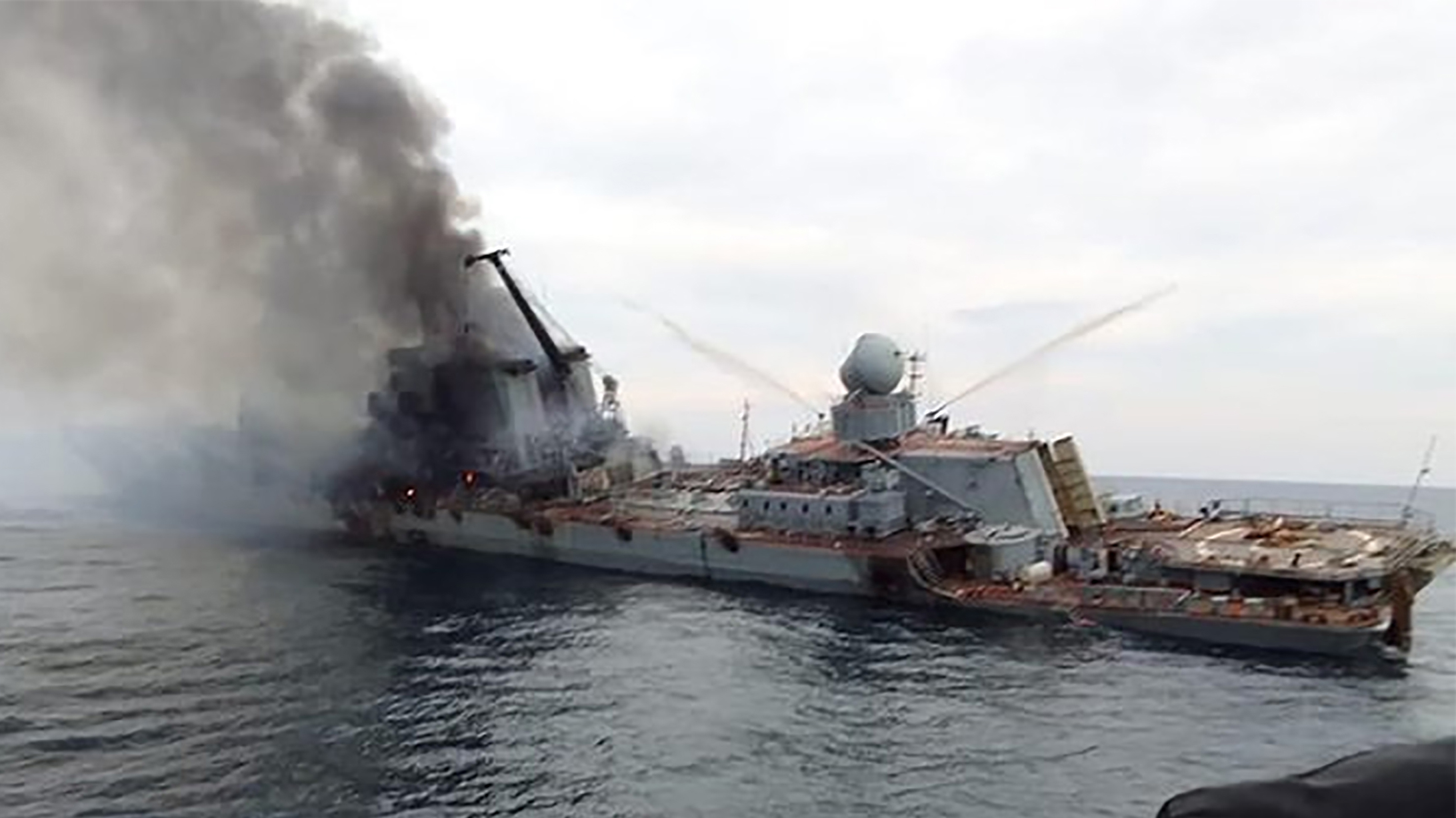 An image from social media released on April 18 shows a fire on the Russian warship Moskva.
