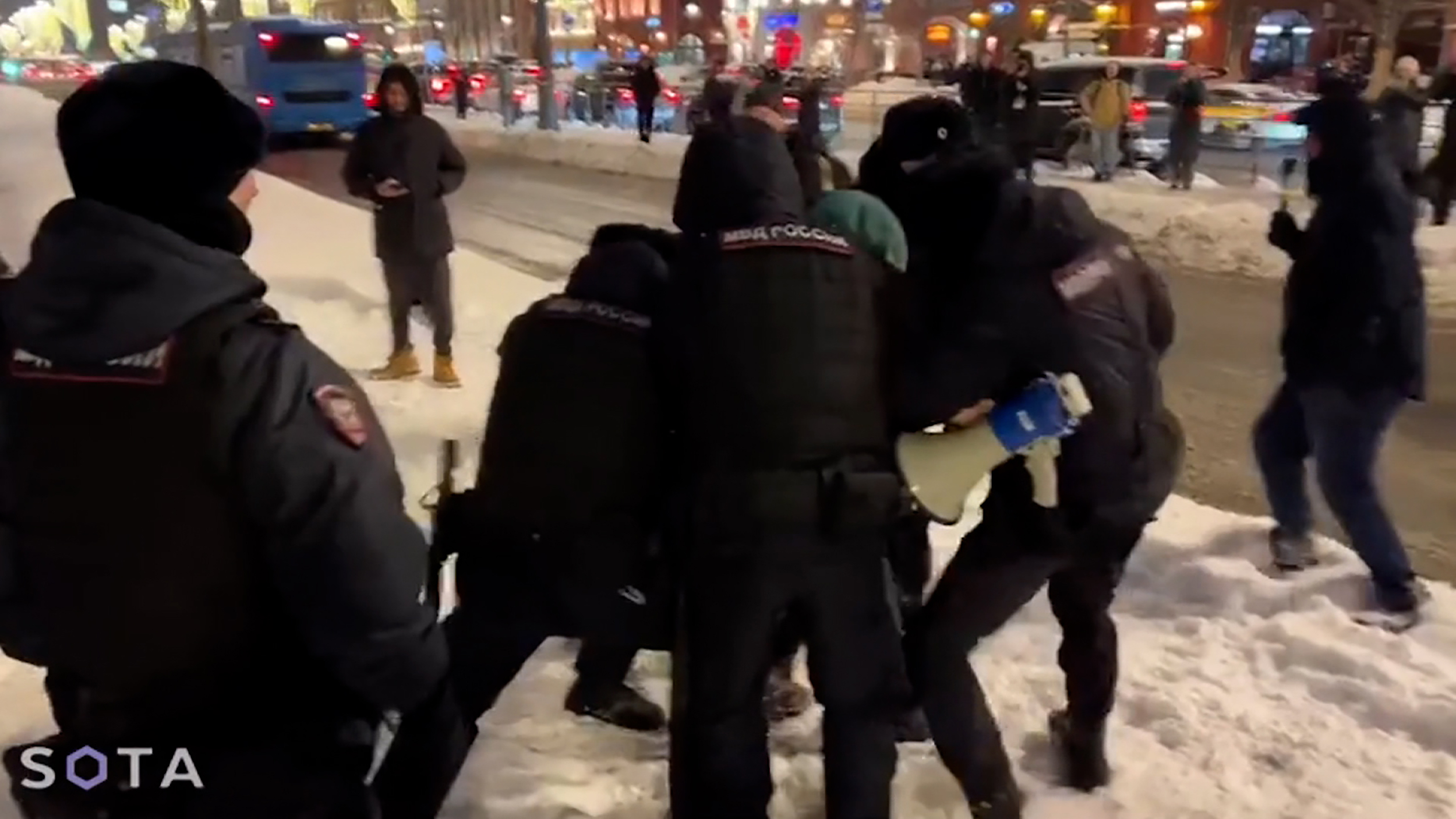 A frame from video from independent Russian news outlet SOTA, shows hows a skirmish between police and a protester in Moscow on Fridday, February 16.